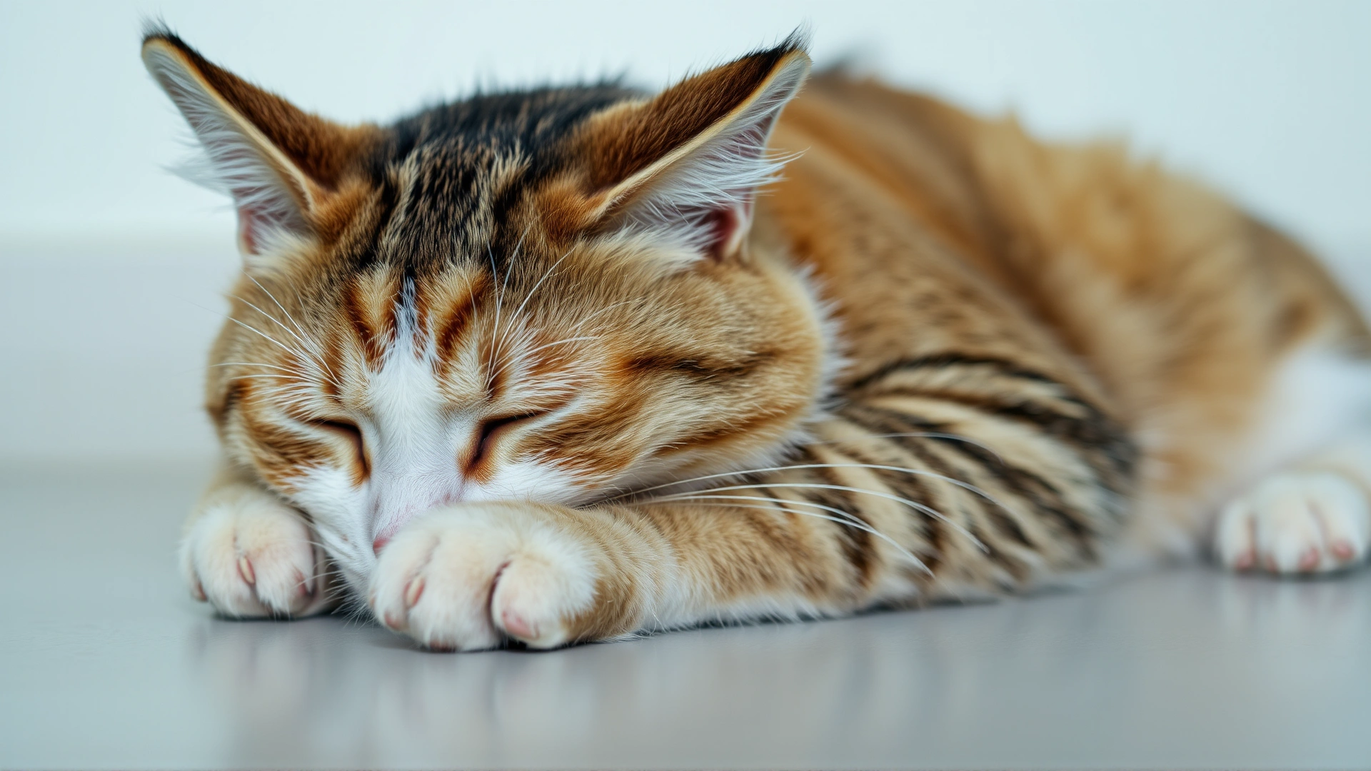 Photo of a tired-looking cat lying with its head on its paws, eyes half-closed, to depict lethargy and illness