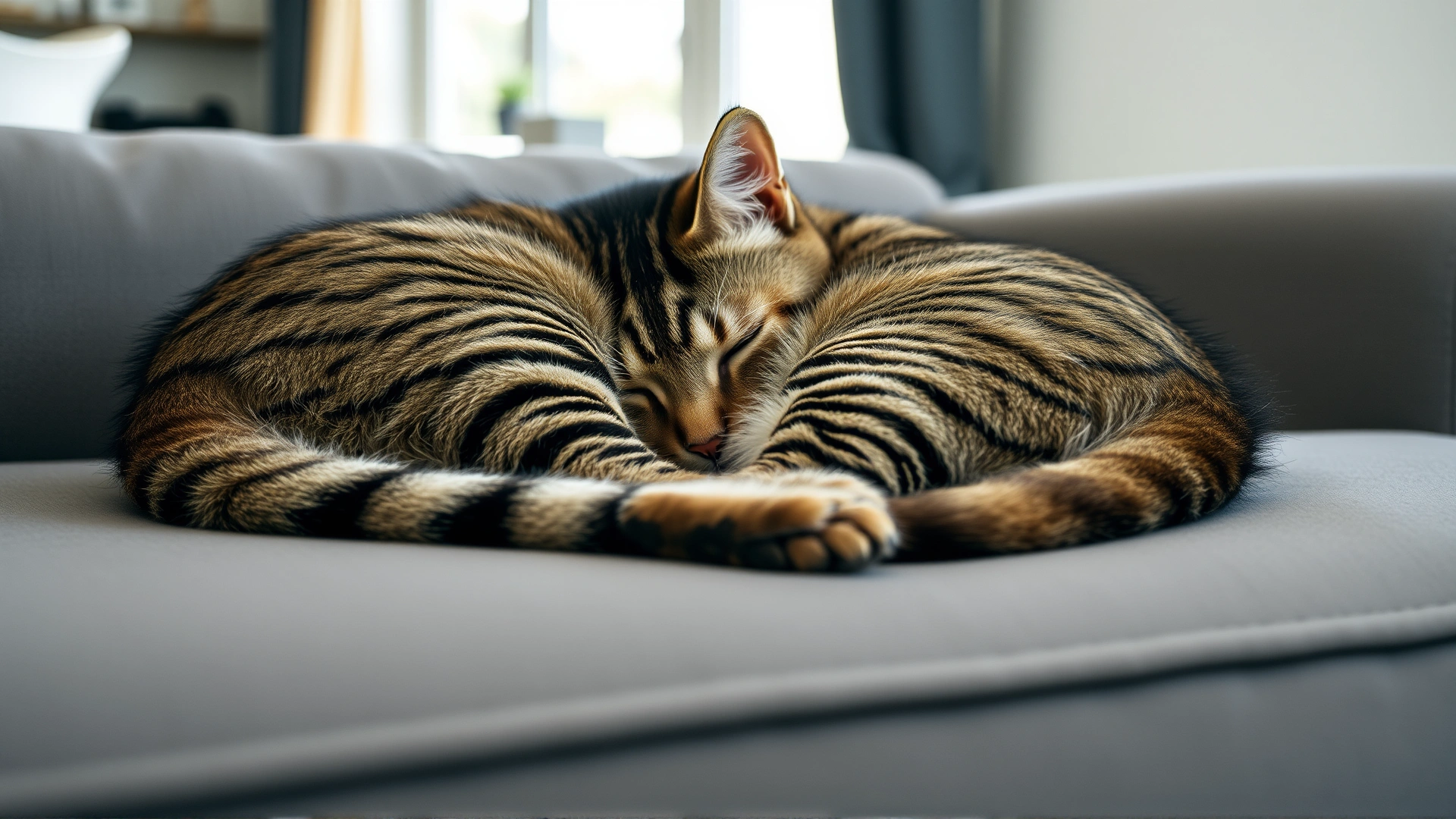 Photograph of a tired-looking tabby cat curled up on a sofa, soft natural light, cozy home setting, no text