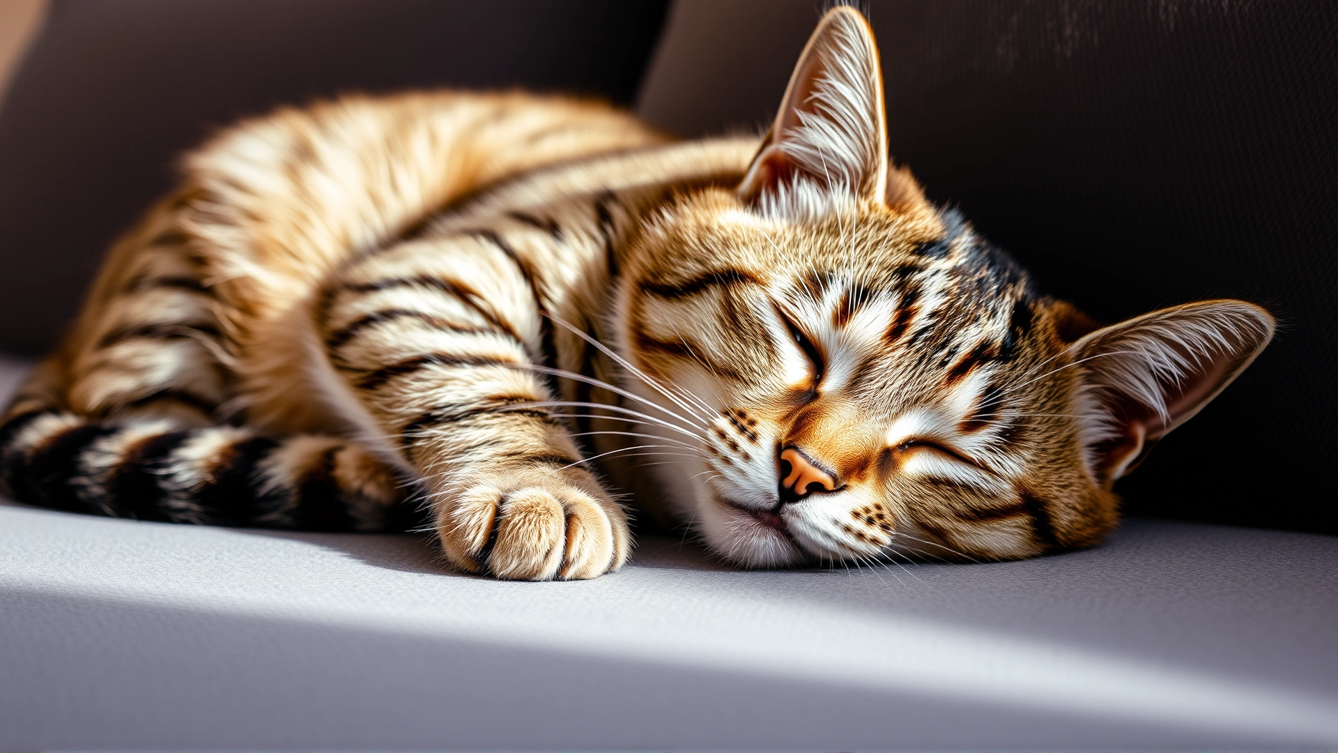 A tabby cat lying down on a couch looking lethargic and fatigued, soft indoor lighting