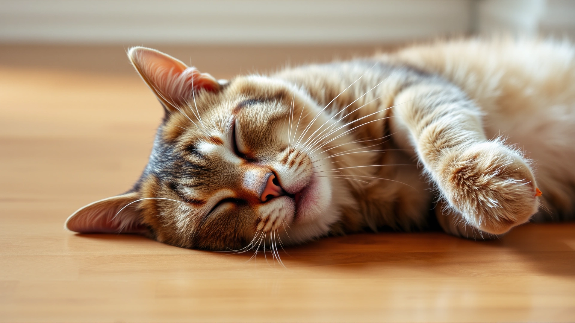 Tired domestic cat lying on its side on a hardwood floor, eyes half-closed, illustrating weakness and lethargy