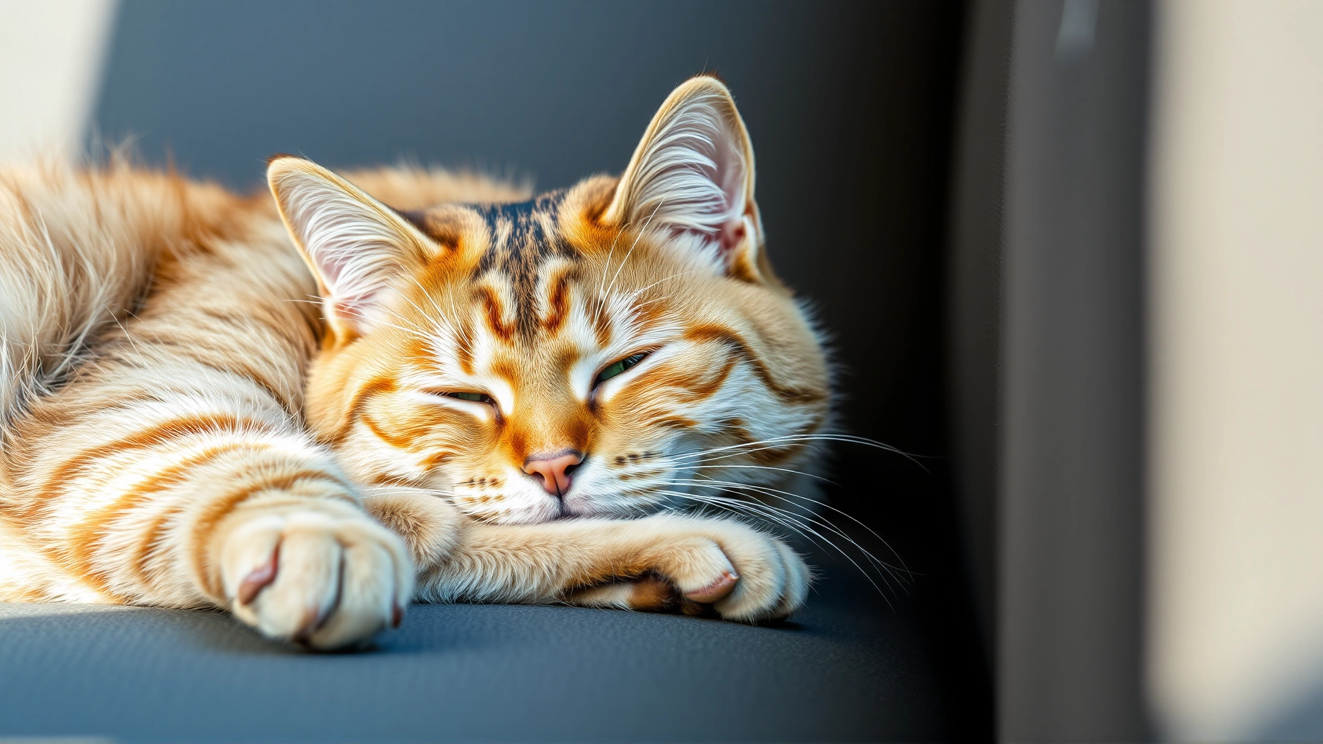 Domestic cat lying on a couch appearing tired and unwilling to move, soft natural light