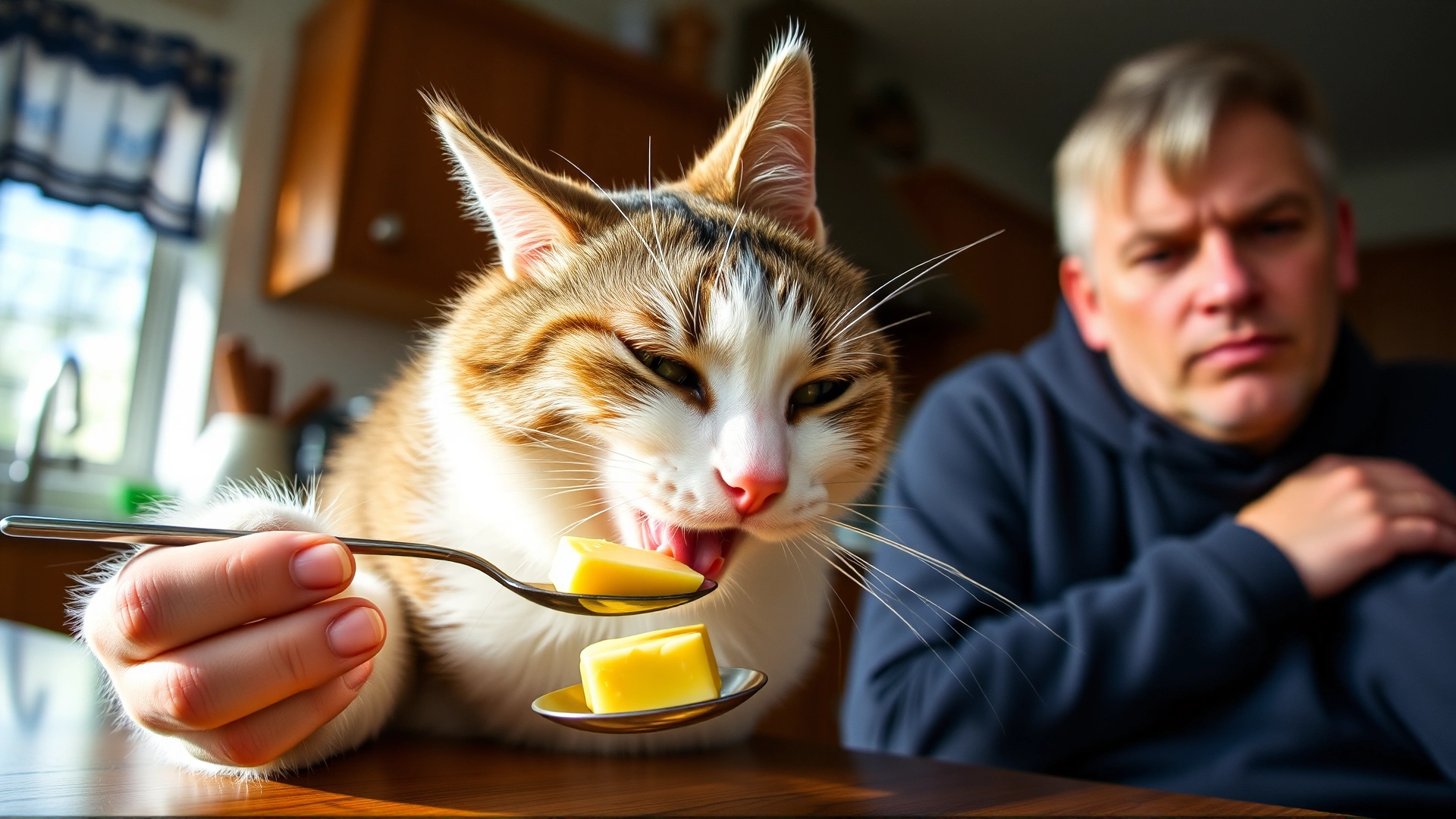 Cat licking a small piece of butter from a spoon while owner watches with concern, indoor kitchen, natural lighting
