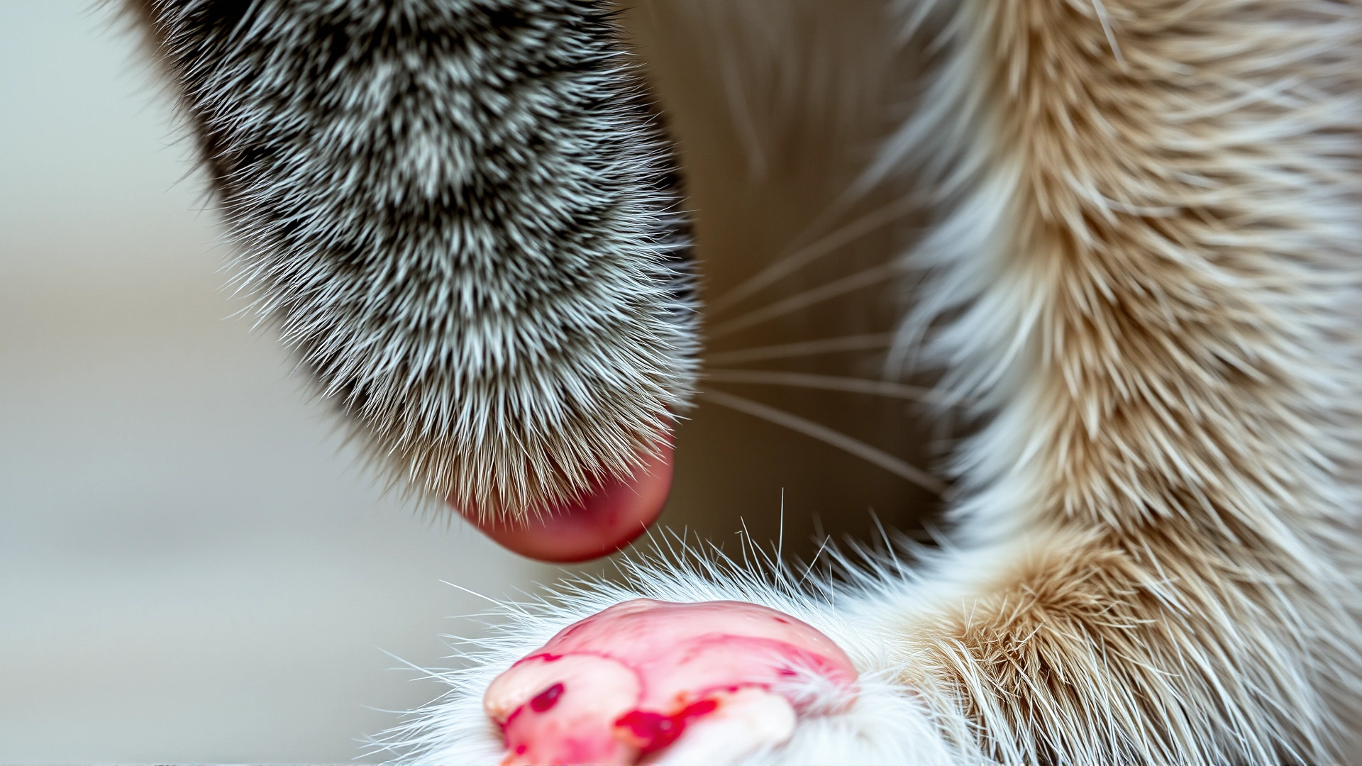 Macro shot of a cat’s tongue grooming a bald patch on its leg, showing inflamed skin without any text.