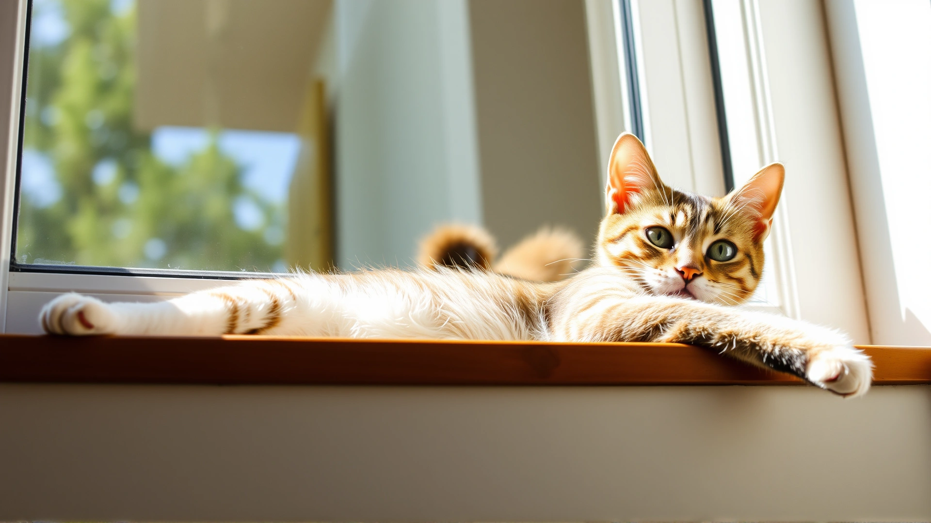 A healthy, playful tabby cat stretching on a sunny windowsill, symbolizing vitality before discussing the disease.