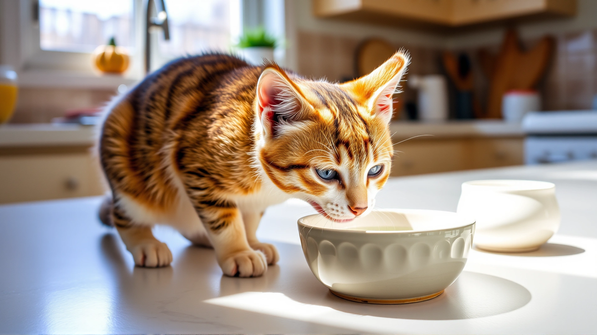 Playful domestic short-haired cat drinking fresh water from a ceramic bowl in a sunny kitchen