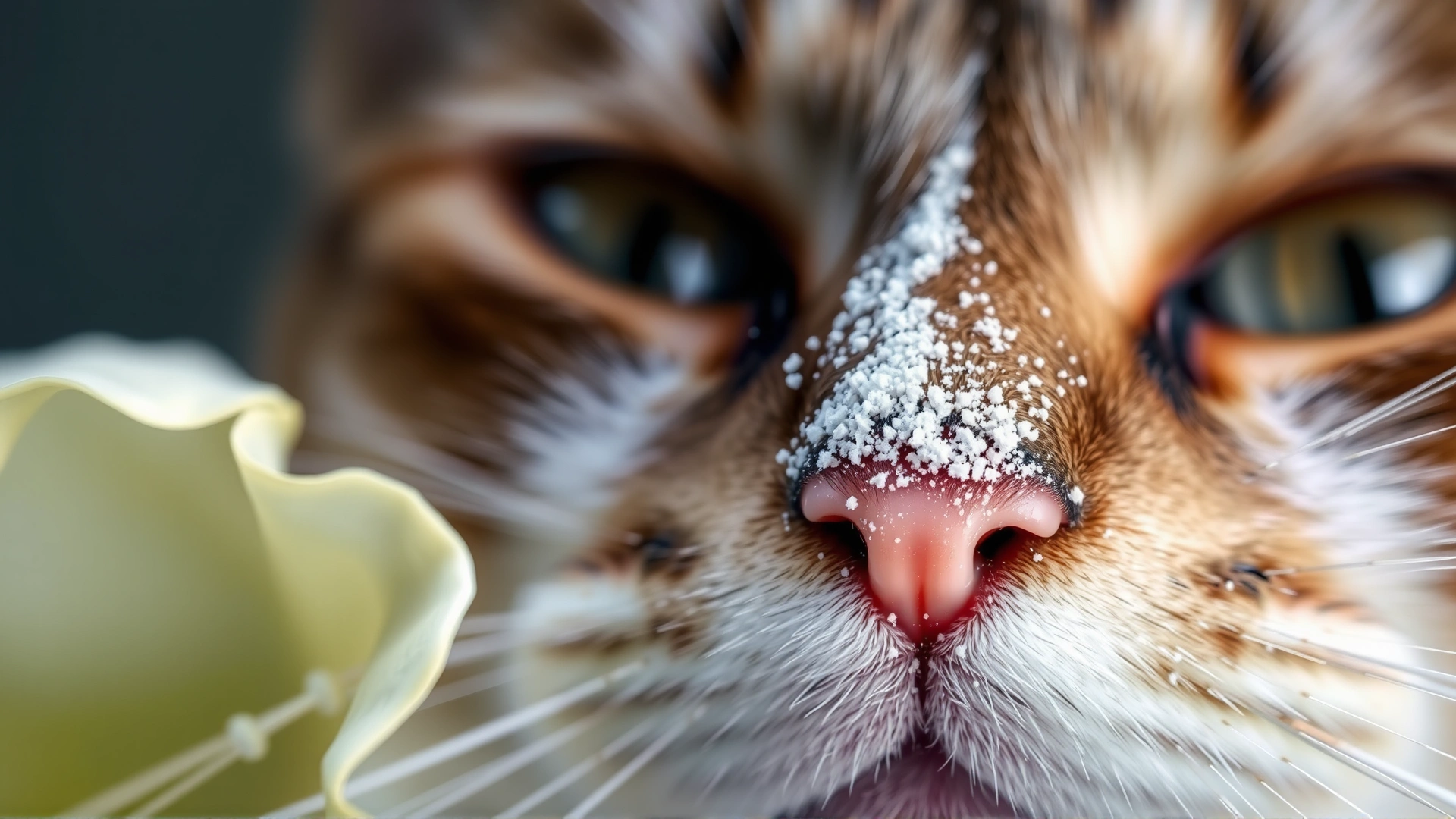 Macro shot of white lily pollen dusted on a cat’s pink nose, highlighting accidental exposure risk