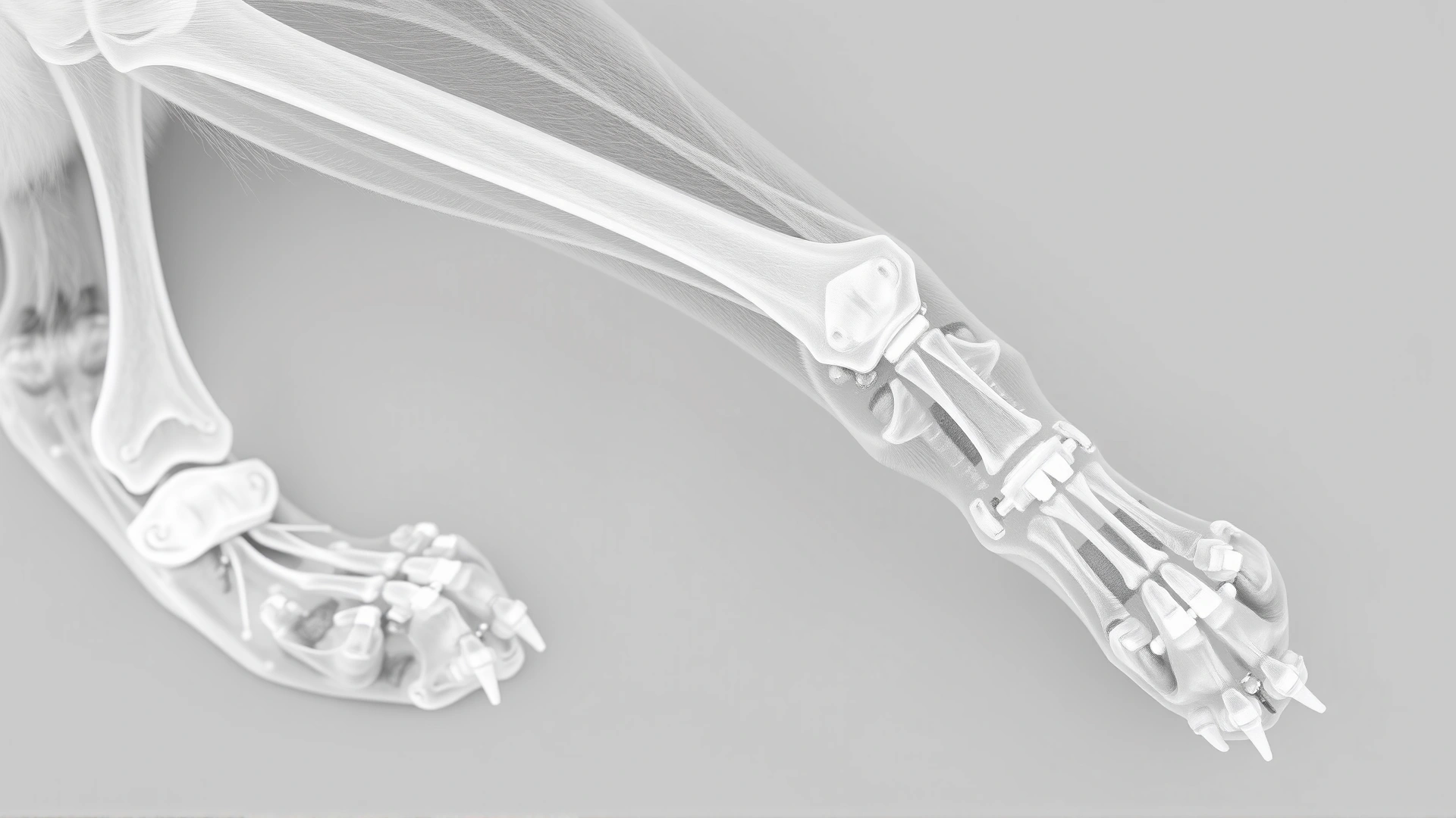 Clear grayscale X-ray style image focusing on a cat’s forelimb bones, showing periosteal new bone formation, no text.