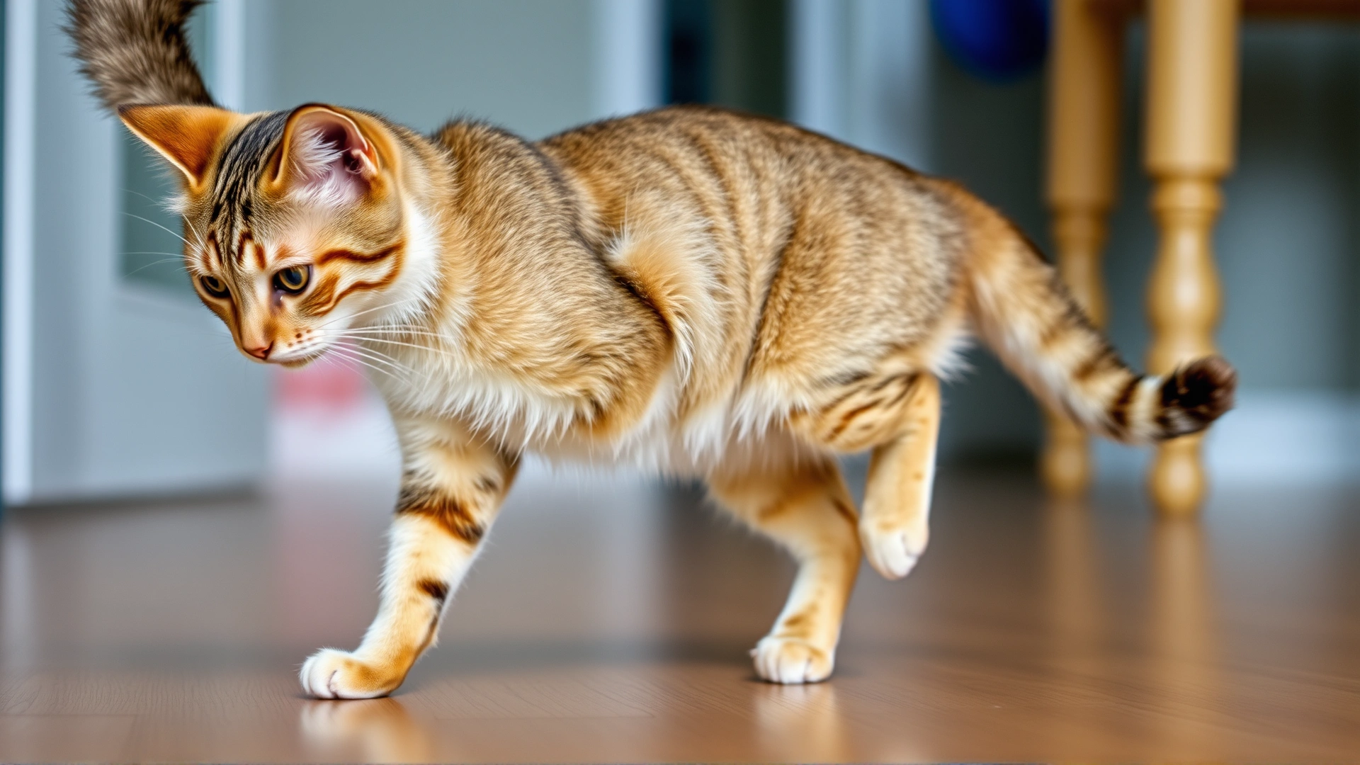 A domestic short-haired cat taking a hesitant step with one foreleg lifted, illustrating lameness; photographed indoors on a wooden floor with shallow depth of field.