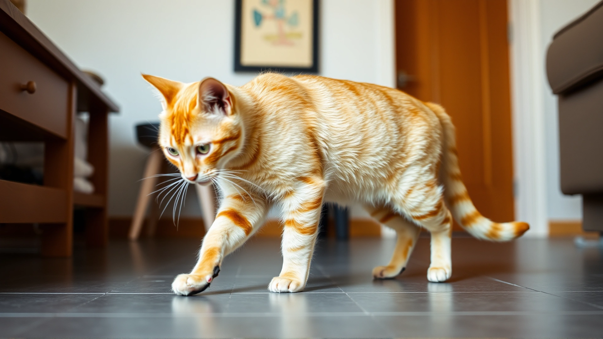 Photo of an orange domestic cat walking indoors with noticeable weight shifted off one front paw, illustrating lameness