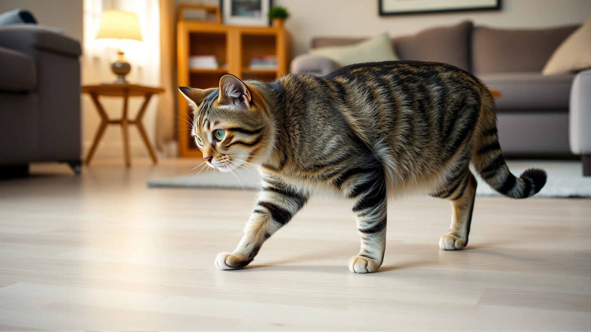 An adult tabby cat walking with a noticeable limp across a living-room floor; natural home environment.