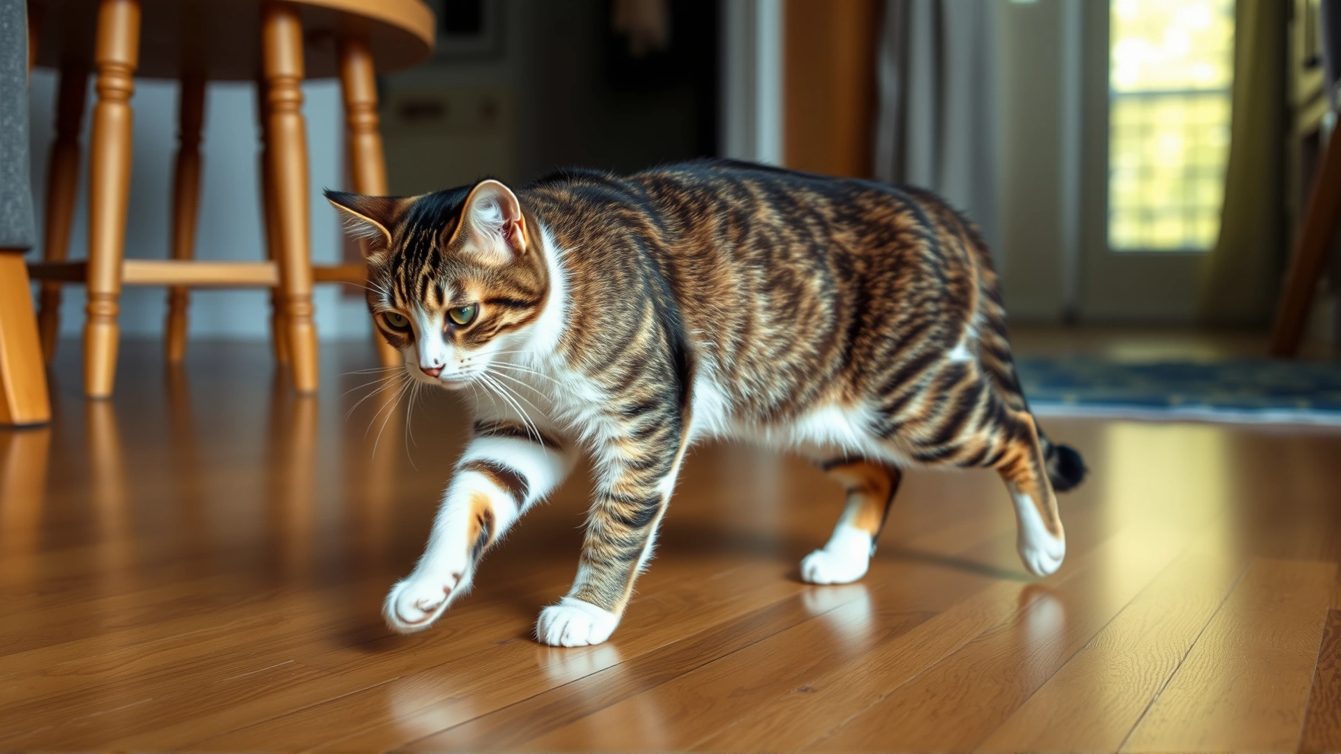 Indoor scene of a domestic cat walking with a noticeable limp across a hardwood floor.
