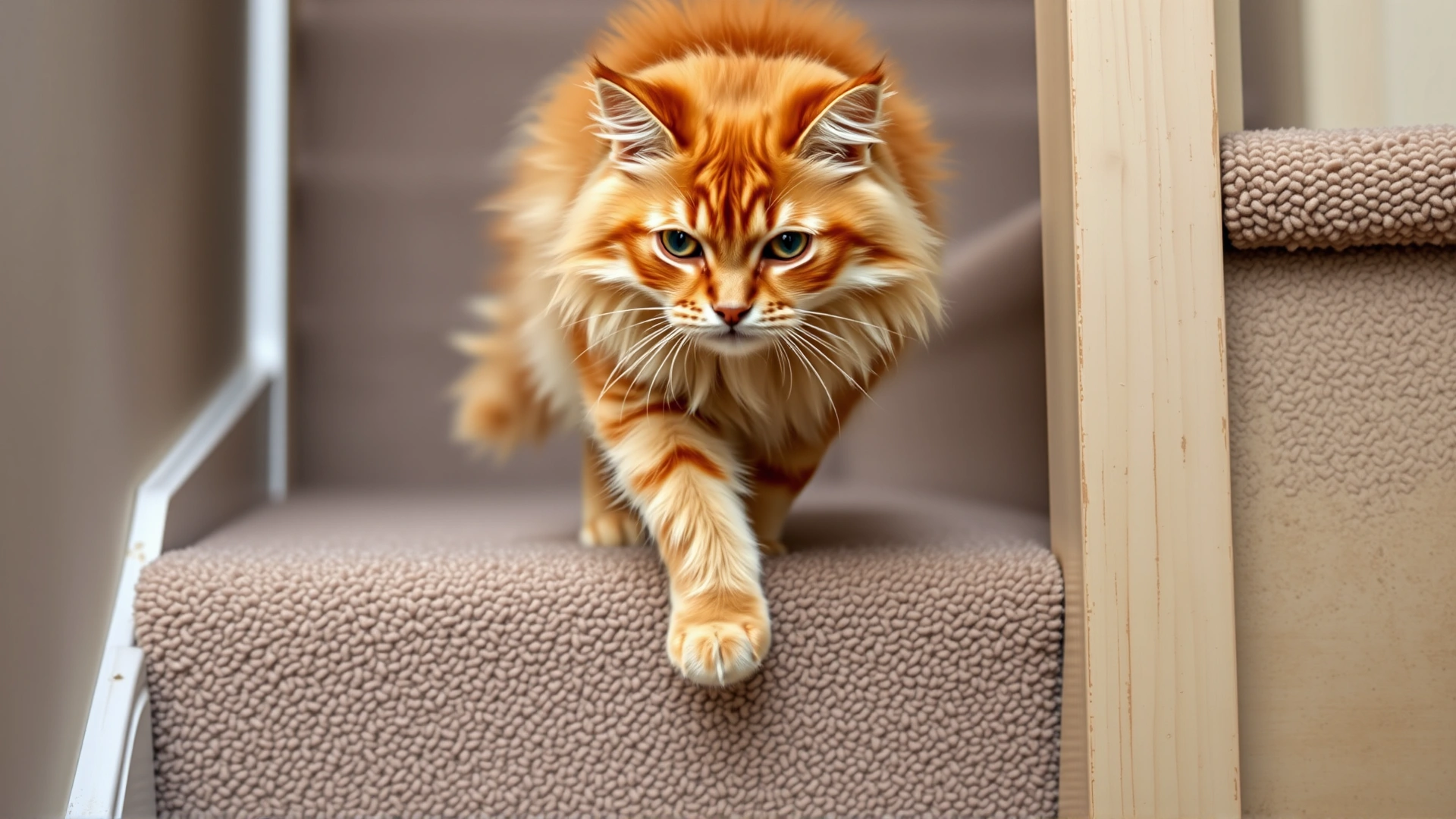 Medium shot of a fluffy orange cat hesitantly descending carpeted stairs, demonstrating visible lameness in one foreleg.