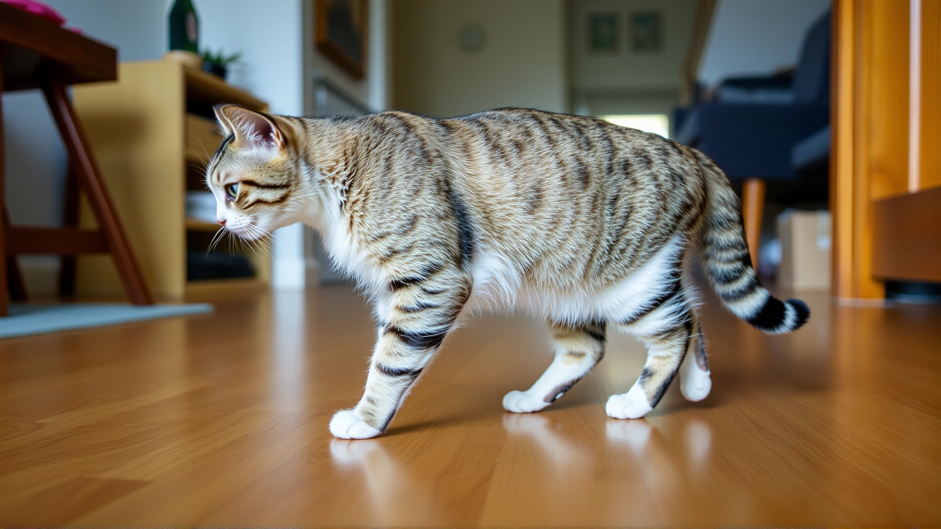 Photo of a domestic cat walking with a visible limp on a hardwood floor at home