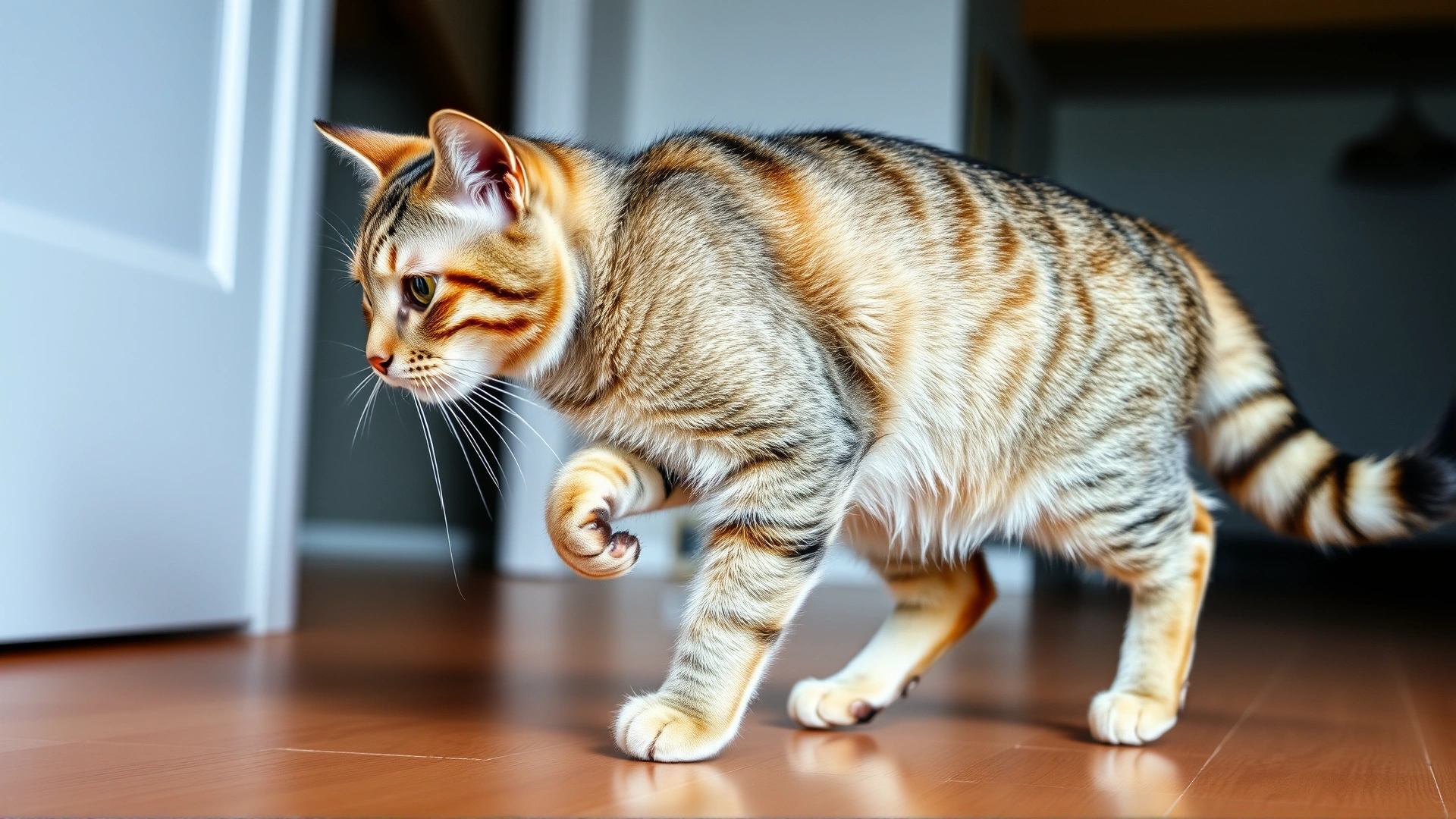 A medium-haired tabby cat walking with a noticeable limp across a wooden floor, paw slightly raised, side profile view