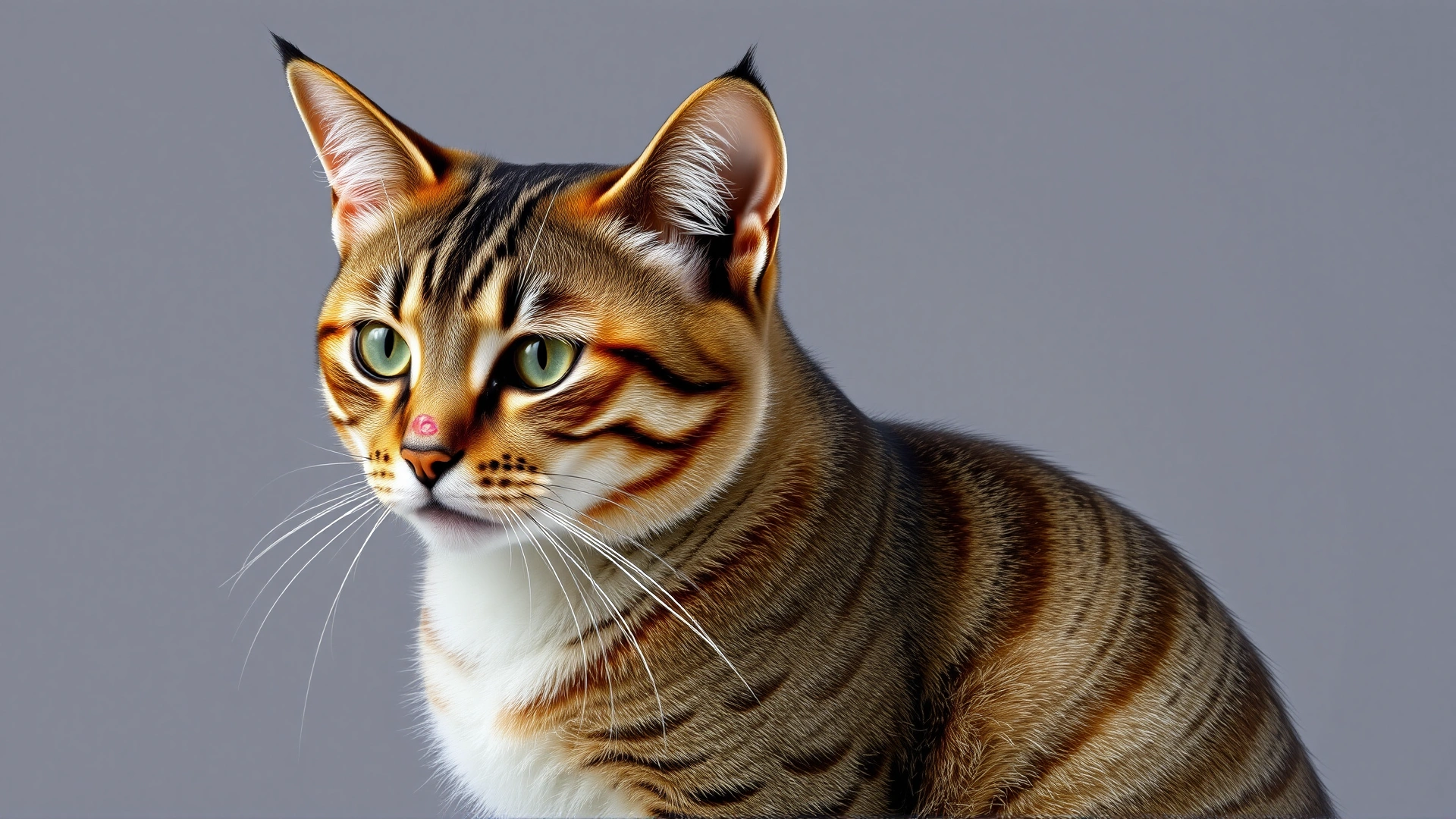 High-resolution image of a tabby cat showing a visible small ulcer on the upper lip while sitting calmly, neutral background, well-lit to highlight the lesion, no text