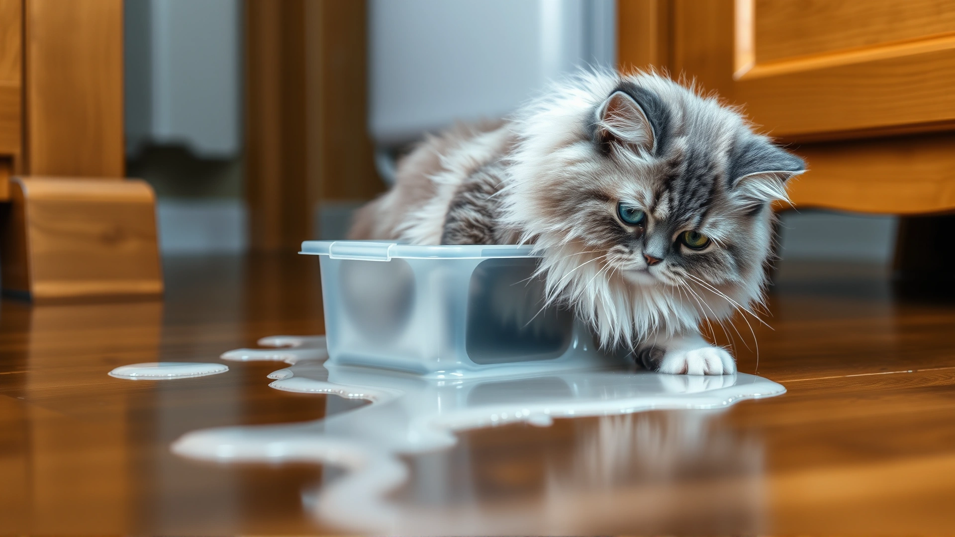 A humorous scene of a fluffy white and grey cat melting into a small transparent storage container on a wooden floor, illustrating its 'liquid' behavior.
