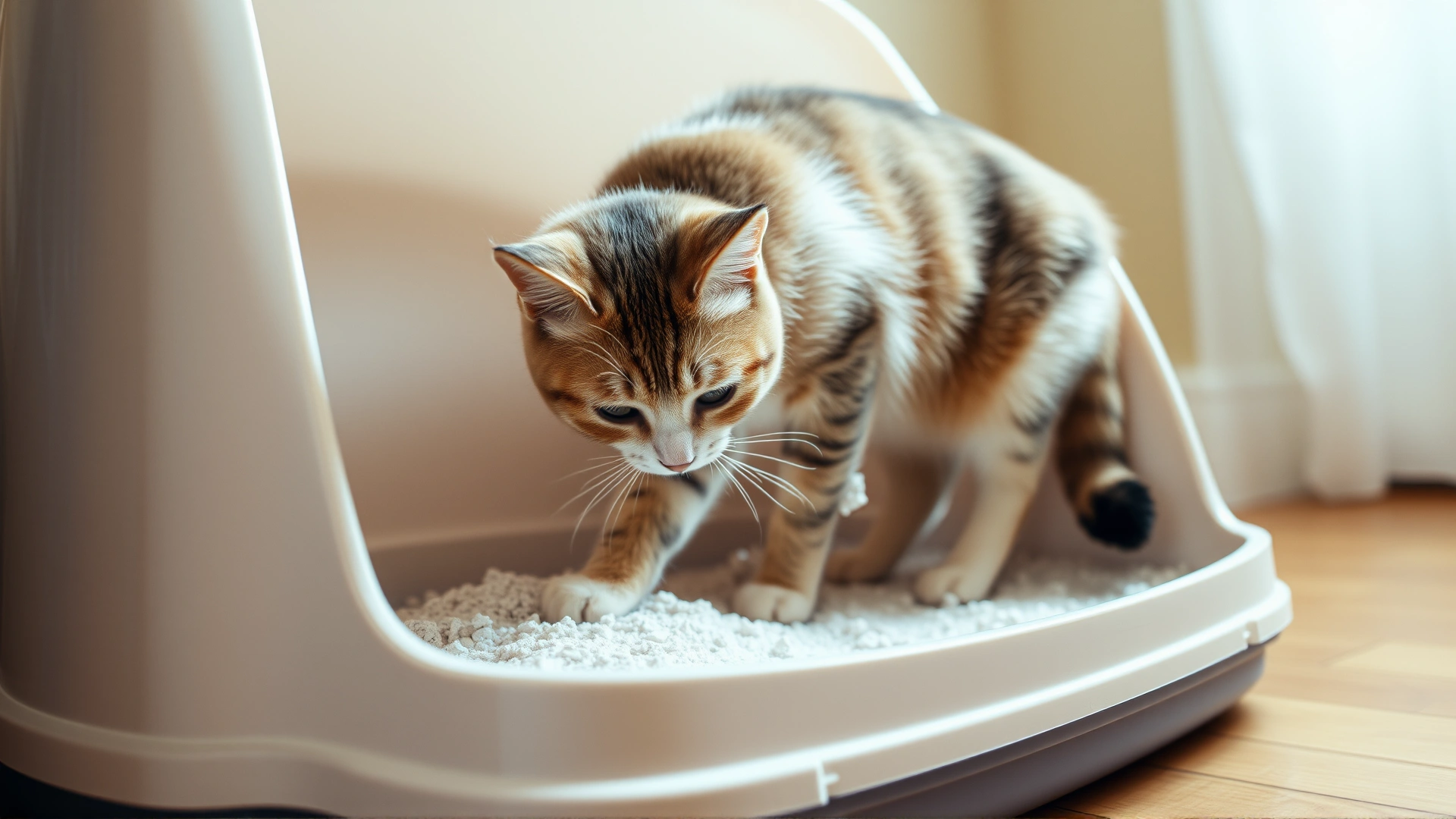 Cat using a clean litter box filled with clumping litter in a tidy room.