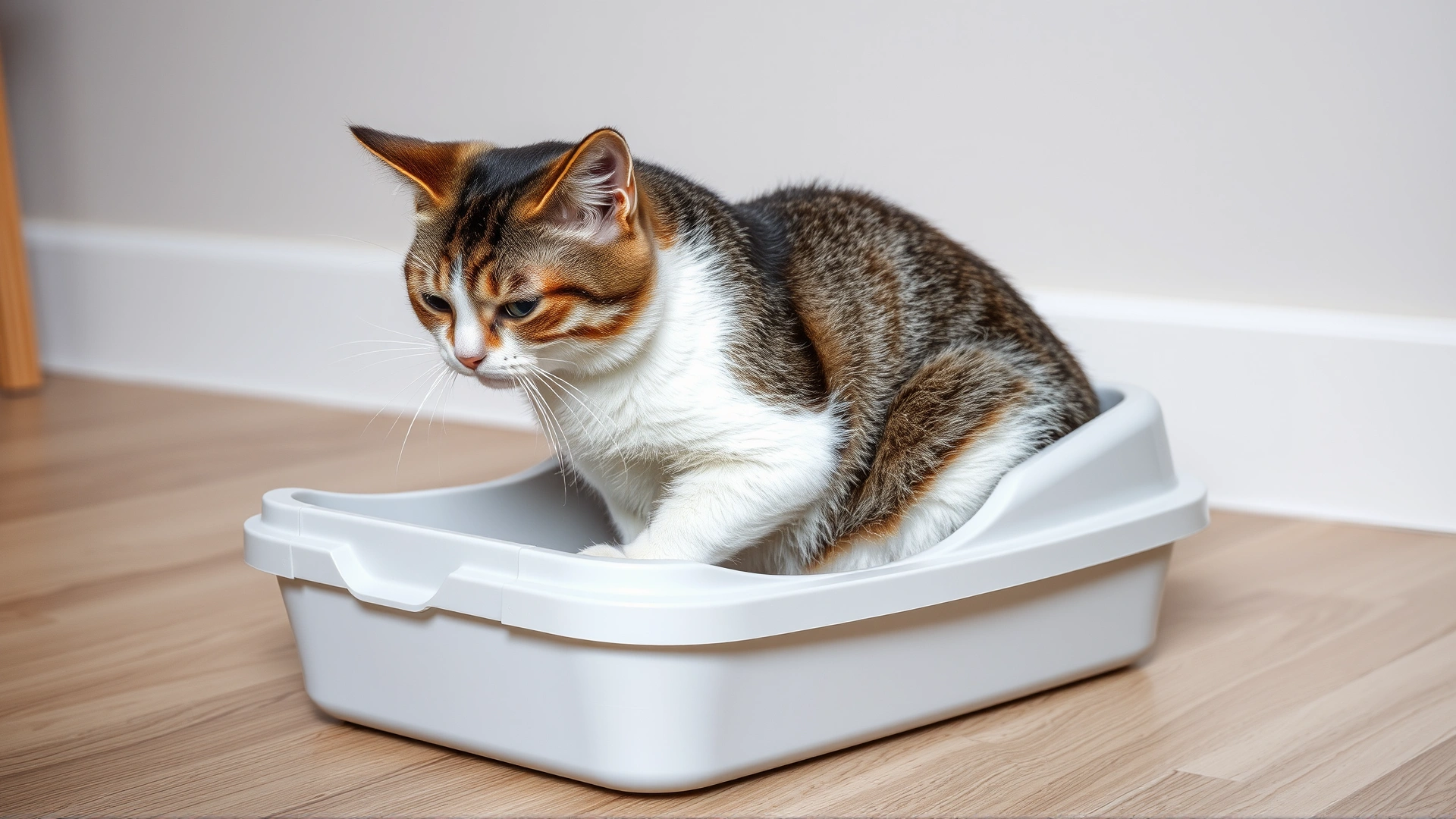 Domestic shorthair cat showing discomfort while squatting in a clean litter box, portraying urinary difficulties