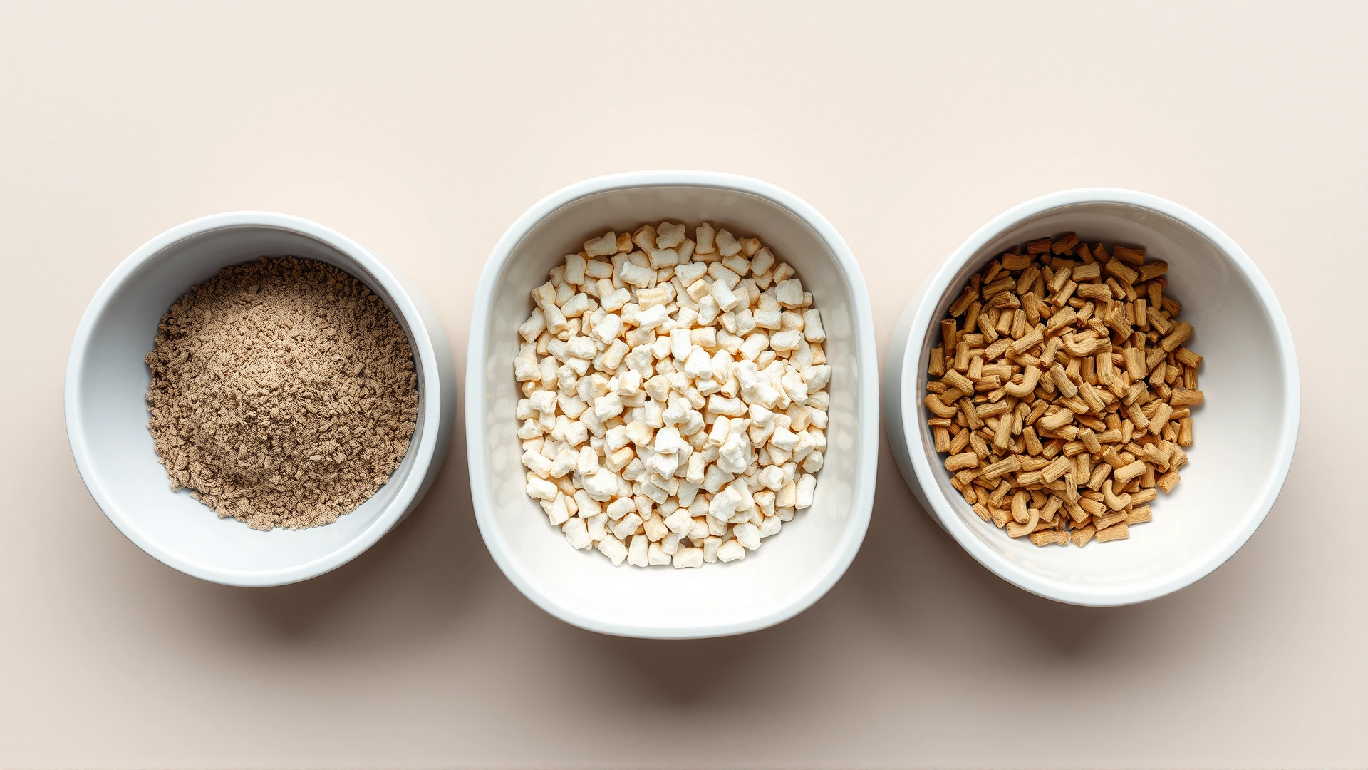 Top view of four bowls each containing different cat litter materials: clay, silica crystal, pine pellets, recycled paper, on neutral background