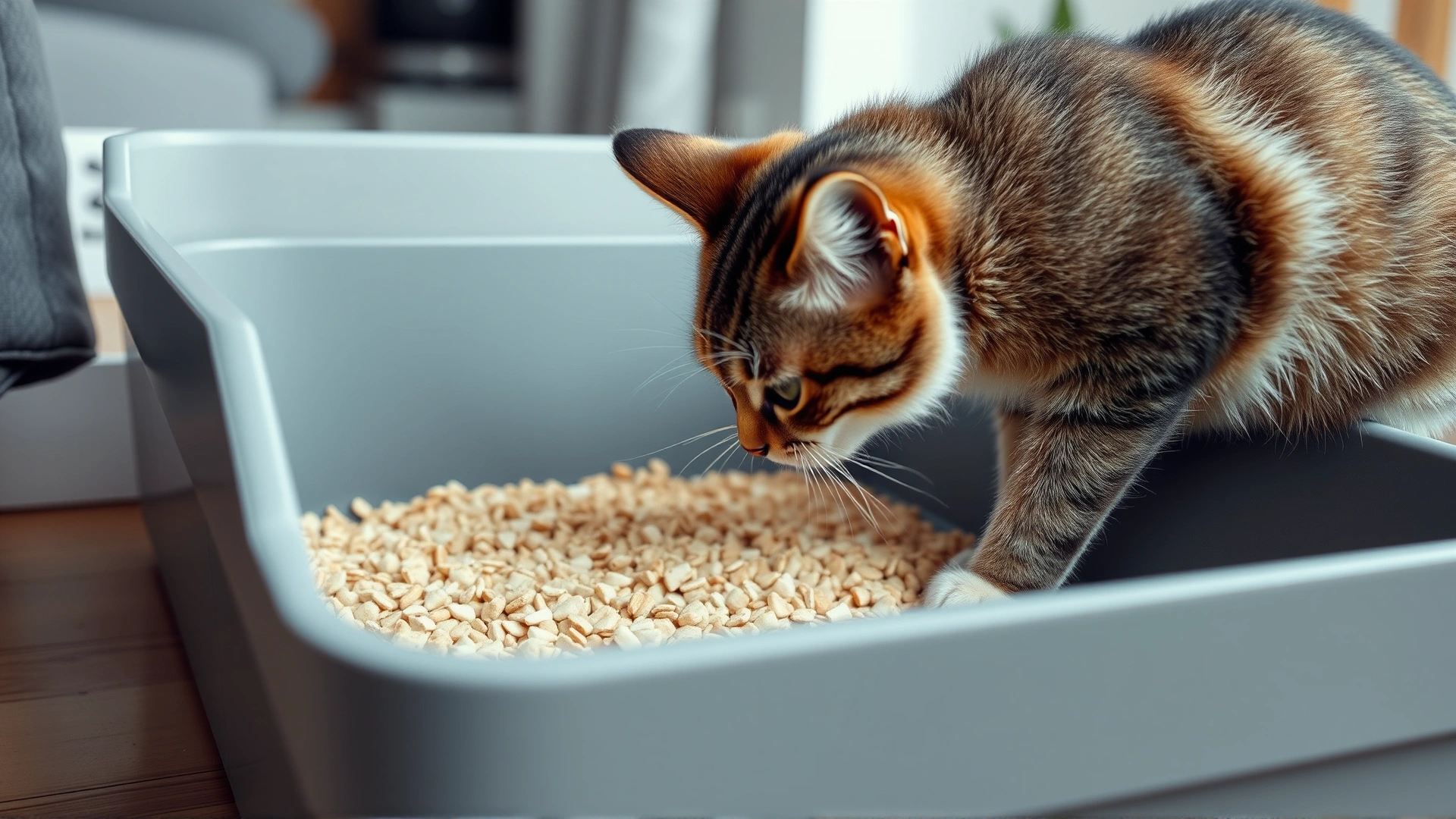 Indoor scene of a cat sniffing and scratching in a clean litter box filled with natural litter granules.