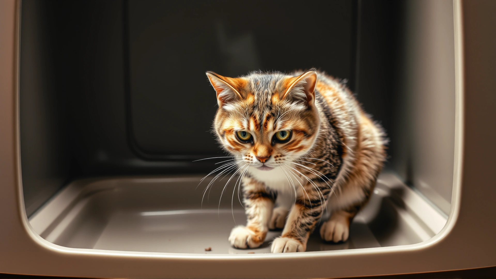 A cat standing in a litter box, half-squatting as if about to defecate, capturing the moment of straining.