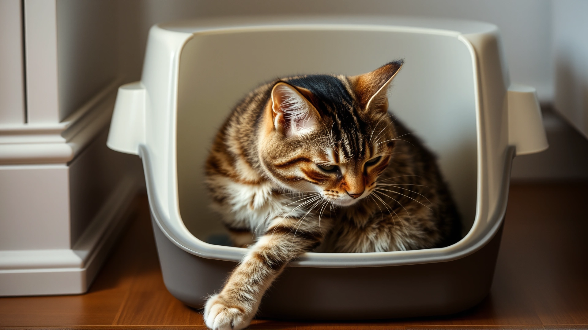 A tabby cat inside a clean litter box straining to defecate, conveying discomfort. Soft indoor lighting, no graphic details.