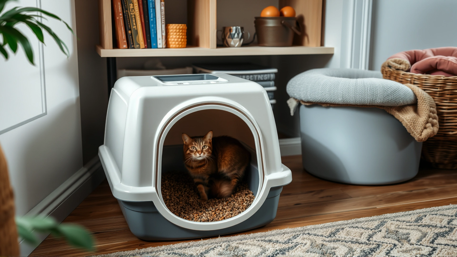 Low-entry litter box placed near a cat's cozy resting area in a quiet home.