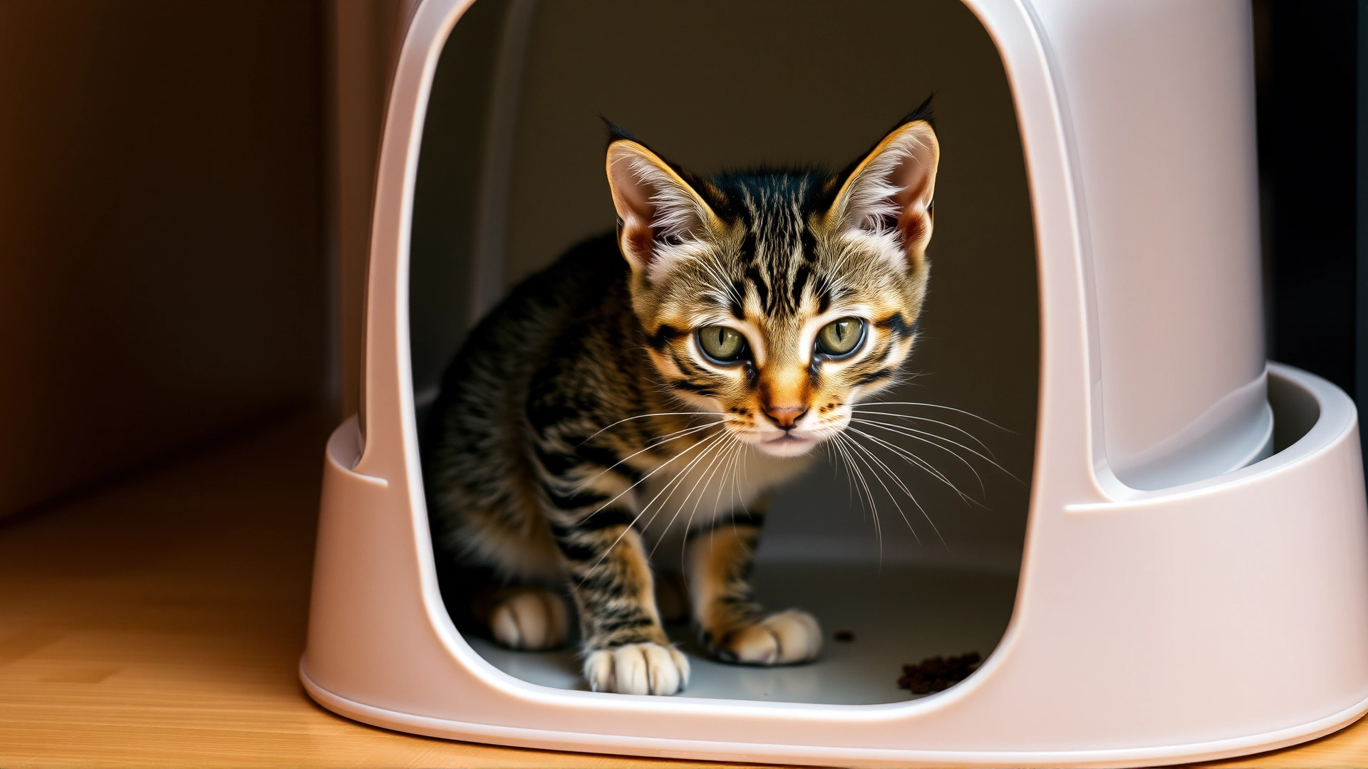 Young tabby cat squatting inside a clean litter box; some loose stool visible, indoor setting, no text