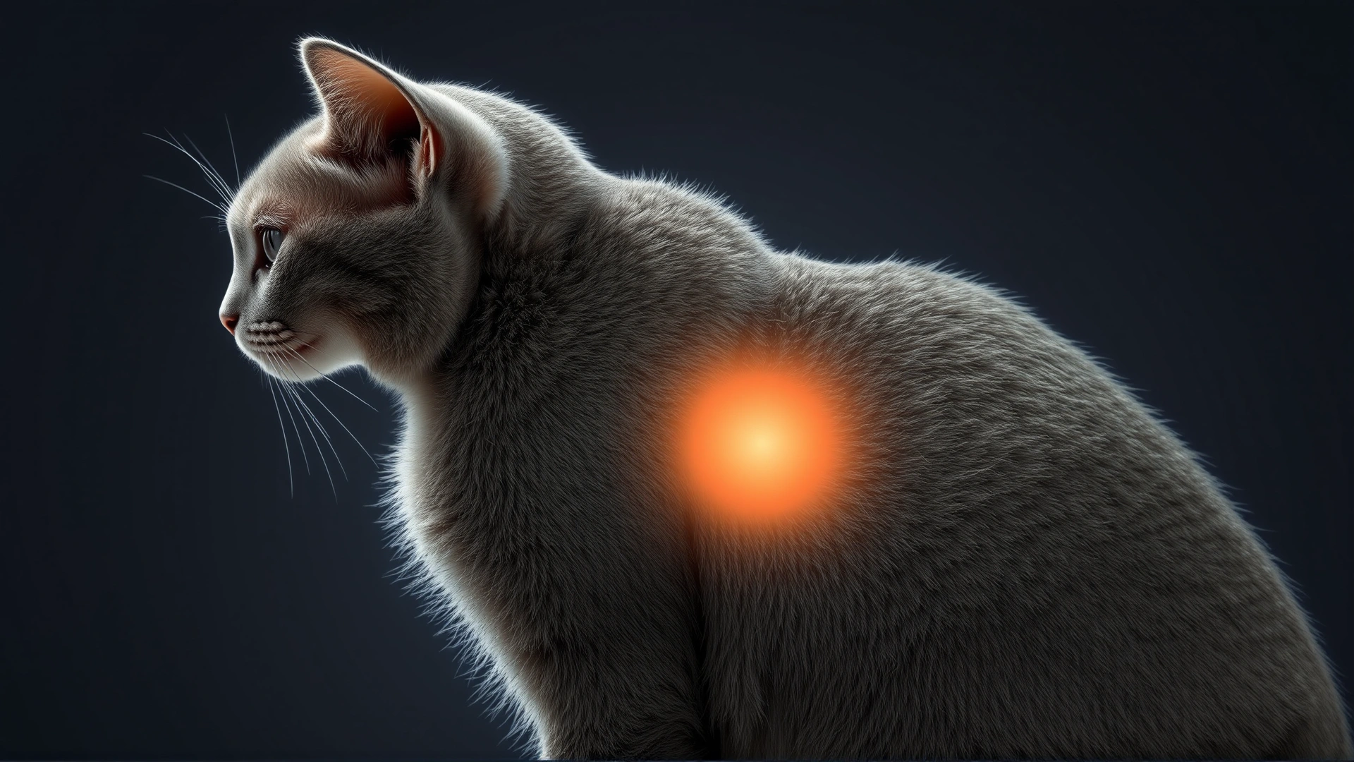 Illustrative photo of a short-haired grey cat in profile with a soft glow highlighting the mid-section area where the liver is located, no text or labels, studio lighting.