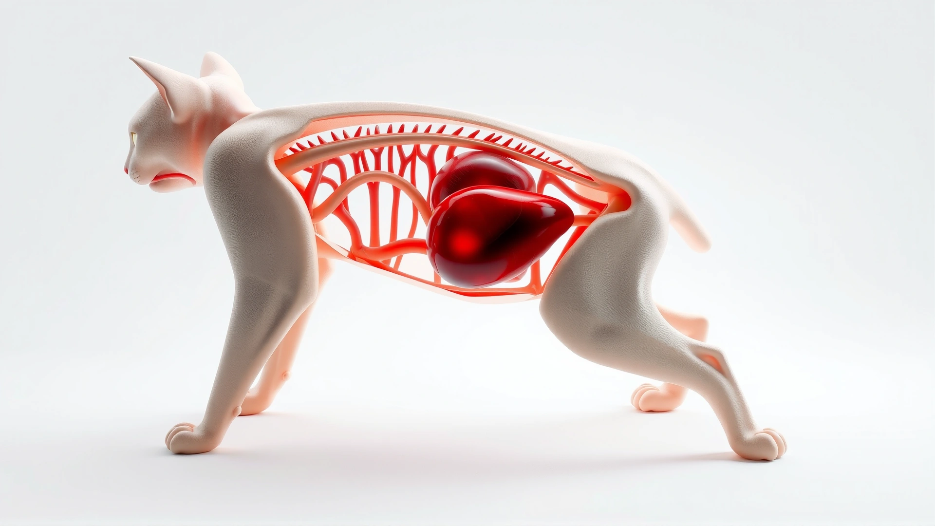 Illustrative photo of a 3D anatomical model of a cat’s internal organs with the liver highlighted in red, on a clean white background.