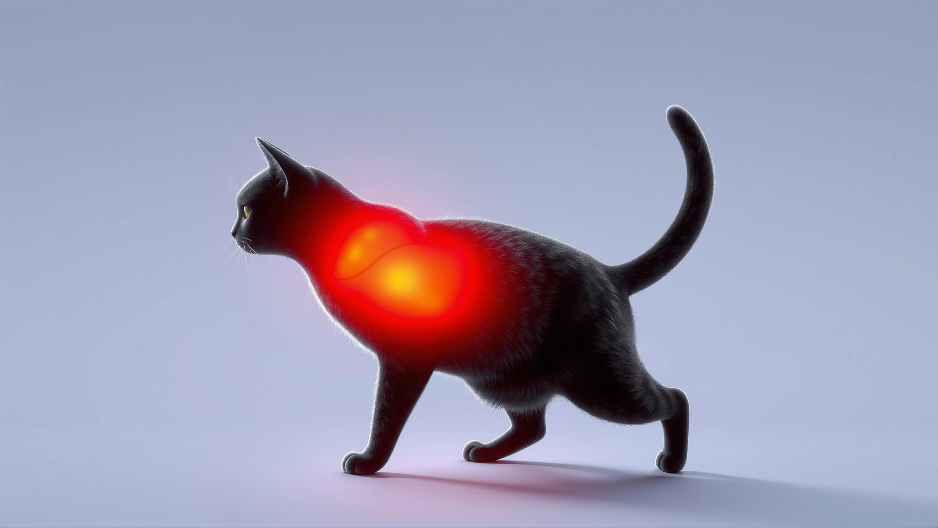 Clean digital illustration of a cat silhouette with the liver highlighted in bright color, simple medical style, no text.