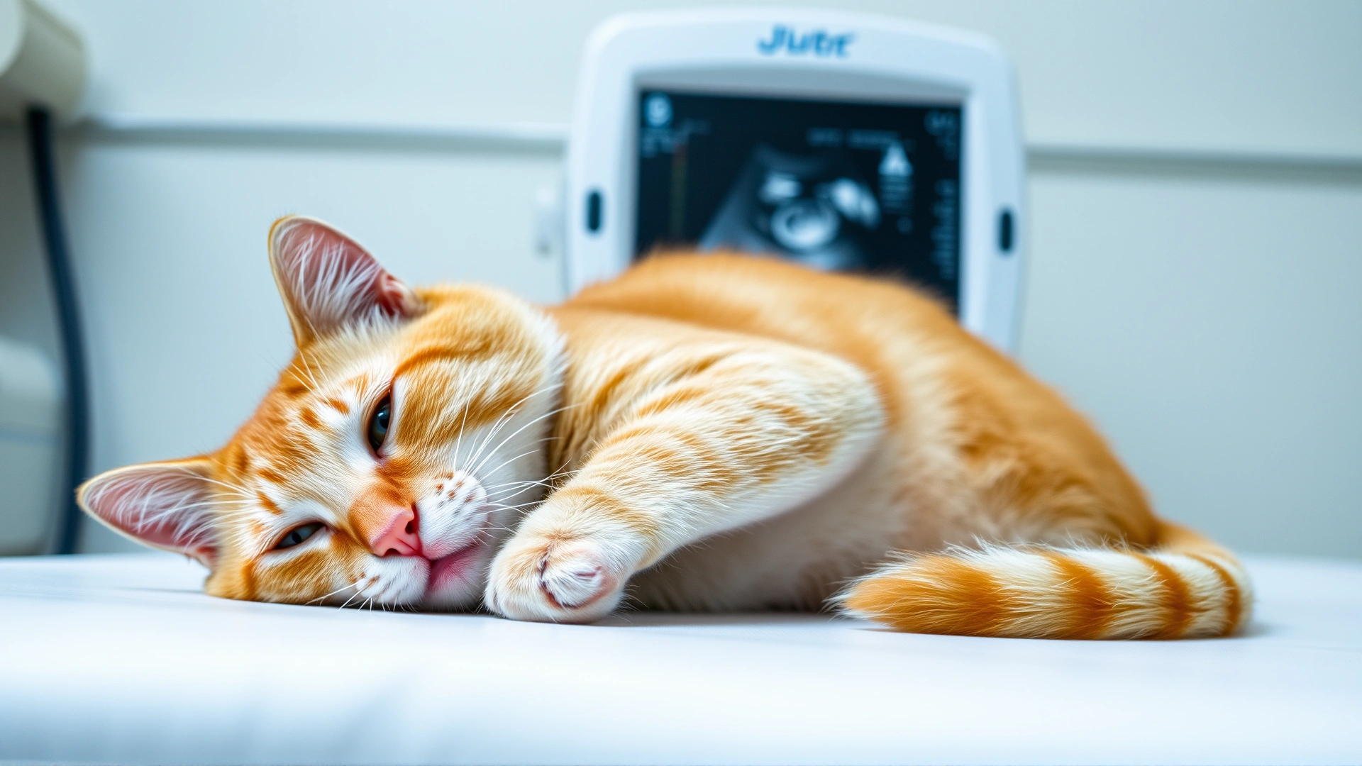 Calm orange tabby cat lying on a veterinary examination table while an ultrasound machine is visible slightly blurred in the background.