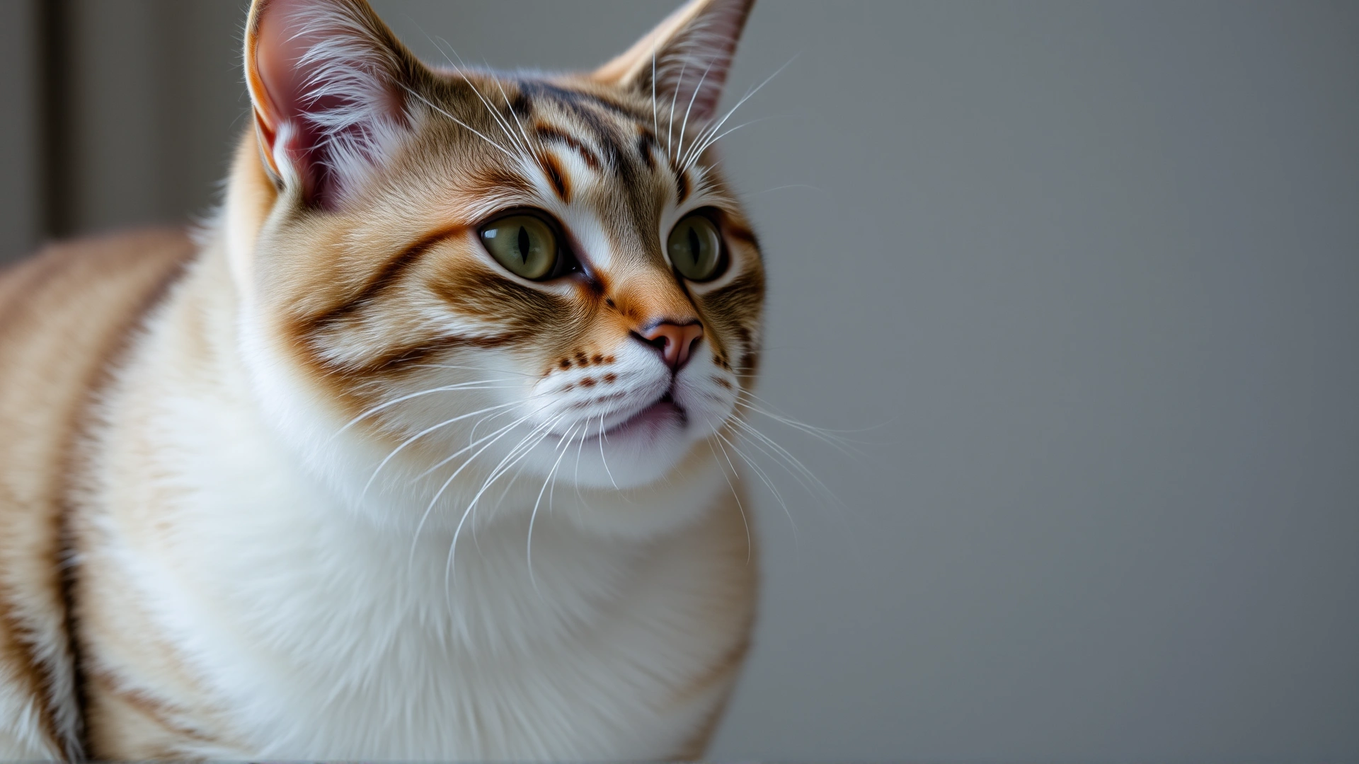 Close-up portrait of a healthy domestic short-haired cat looking to the side with soft lighting; subtle focus on the midsection, no text.