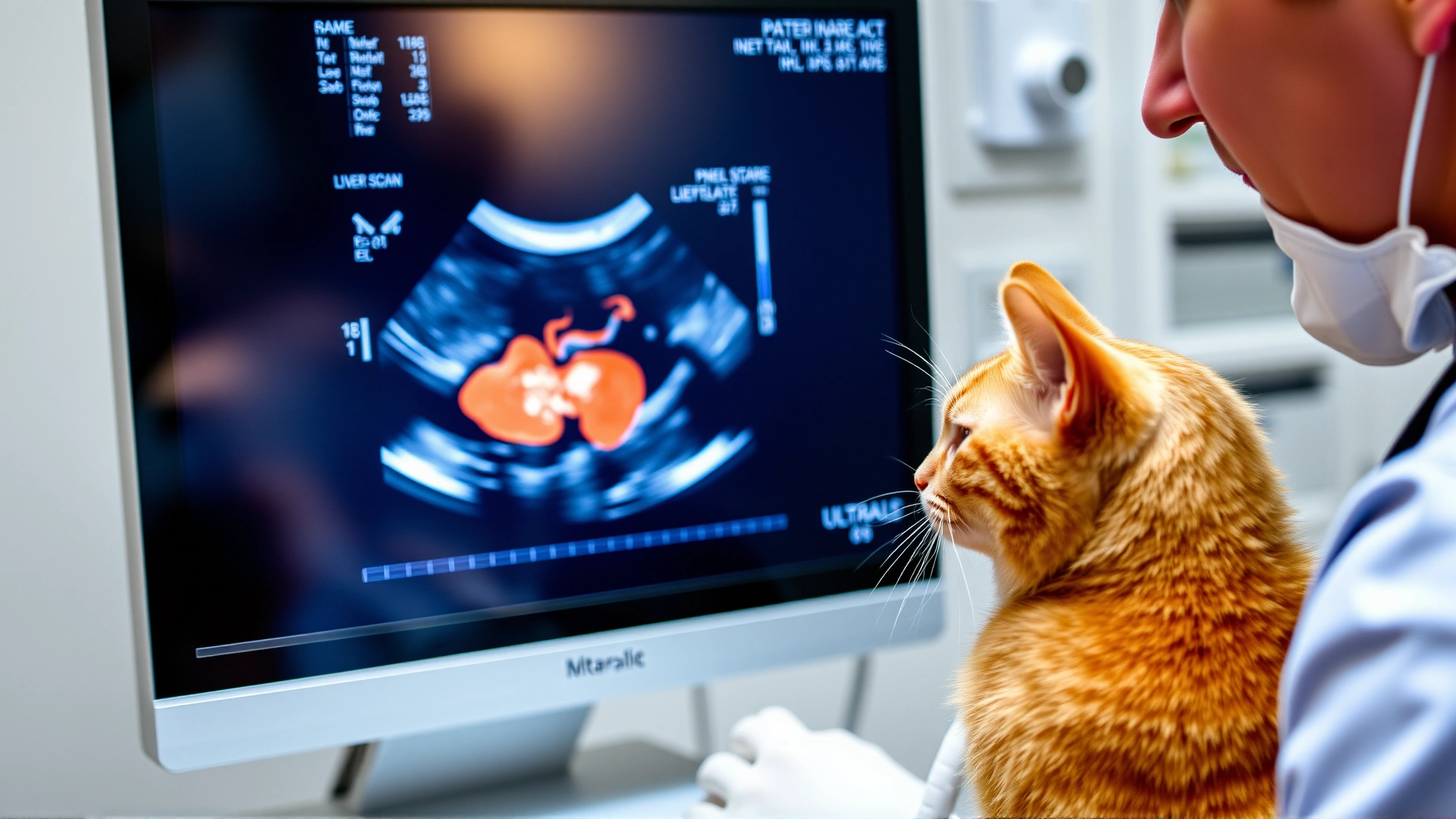 Ultrasound monitor displaying a feline liver scan while a vet conducts the procedure on a ginger cat