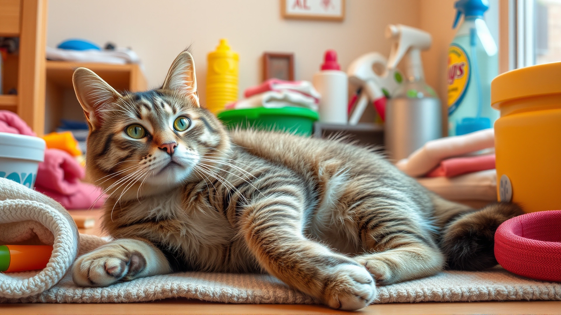 Indoor cat lounging in a clutter-free, clean home environment to illustrate proper hygiene and living conditions