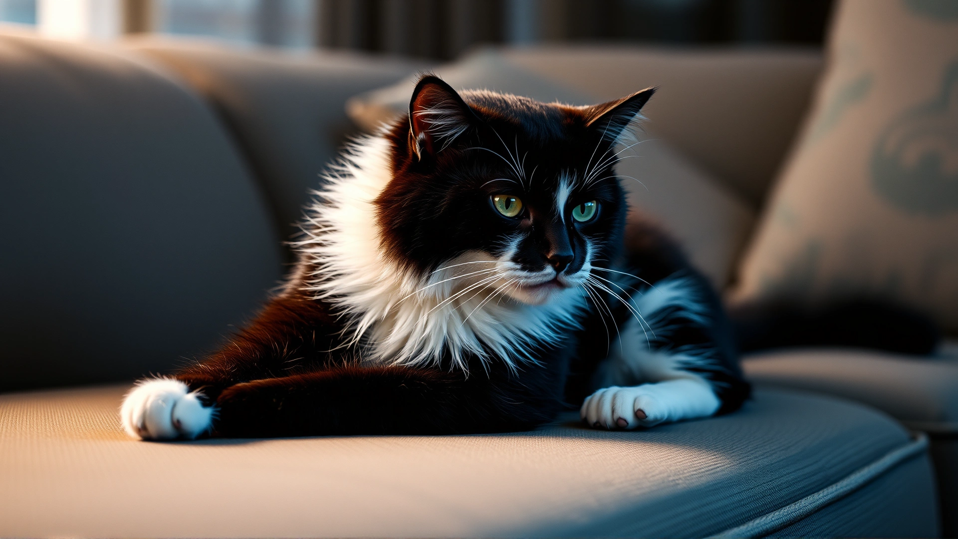 Black and white tuxedo cat in loaf position on a couch cushion, evening ambient light, shallow depth of field