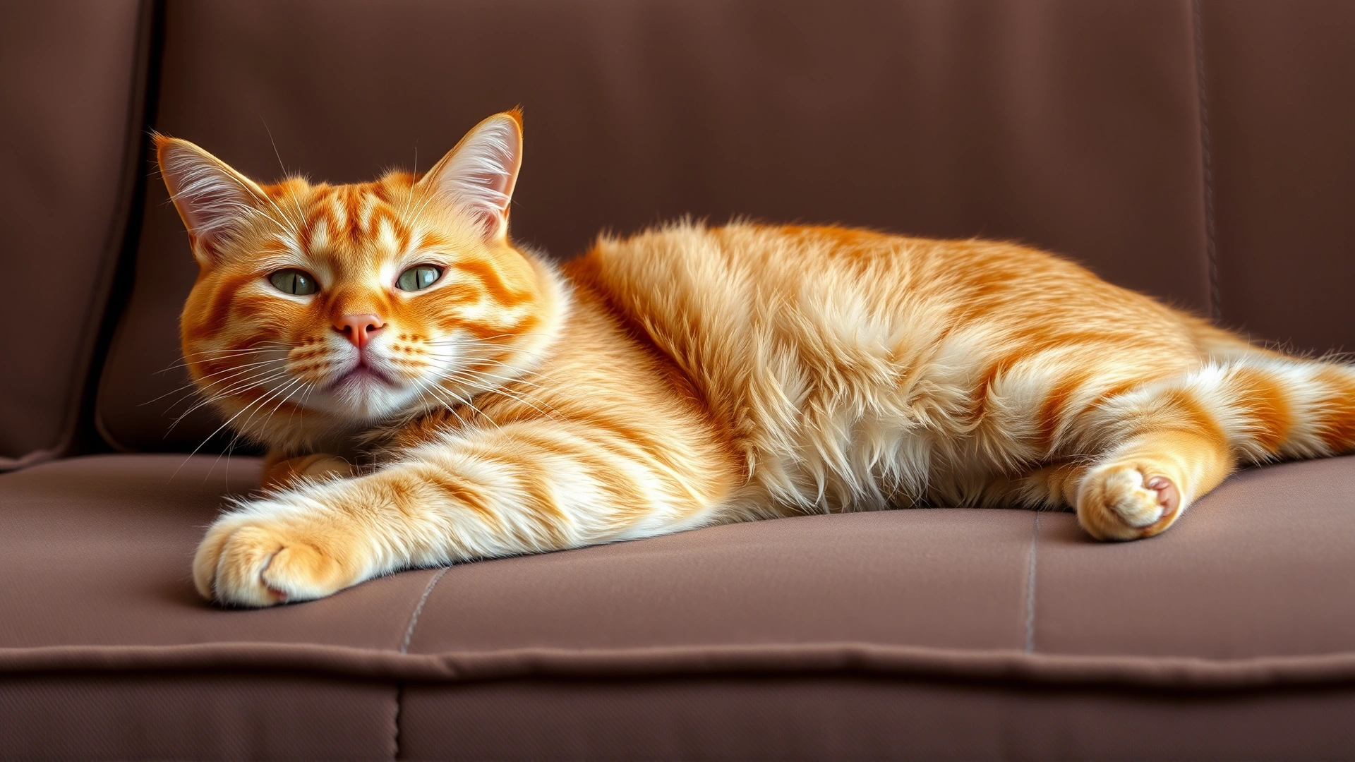 Medium-shot of a ginger cat in classic loaf position on a cozy couch, looking content