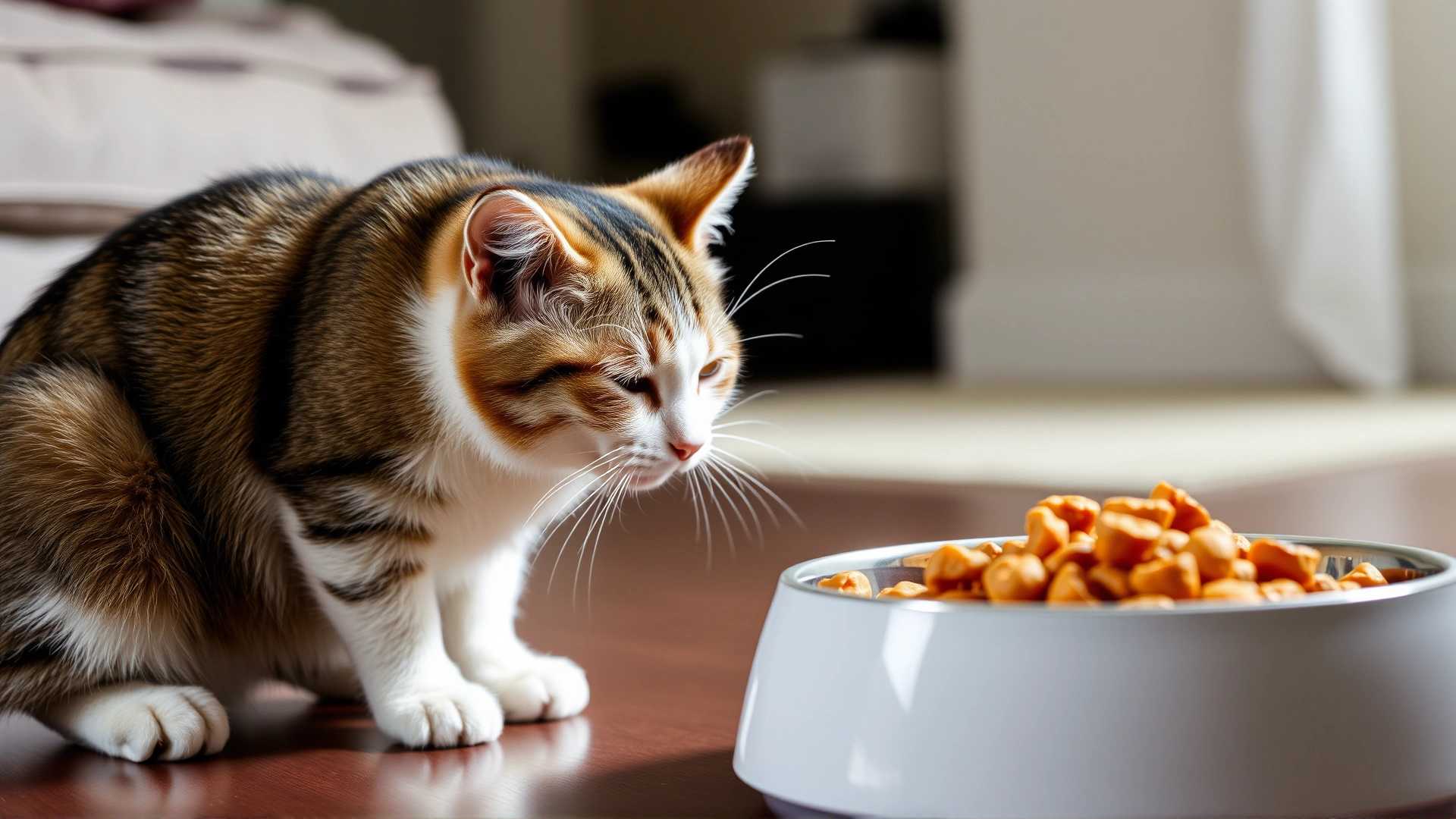 Domestic cat turning its head away from a full food bowl, representing loss of appetite, indoor setting, soft lighting