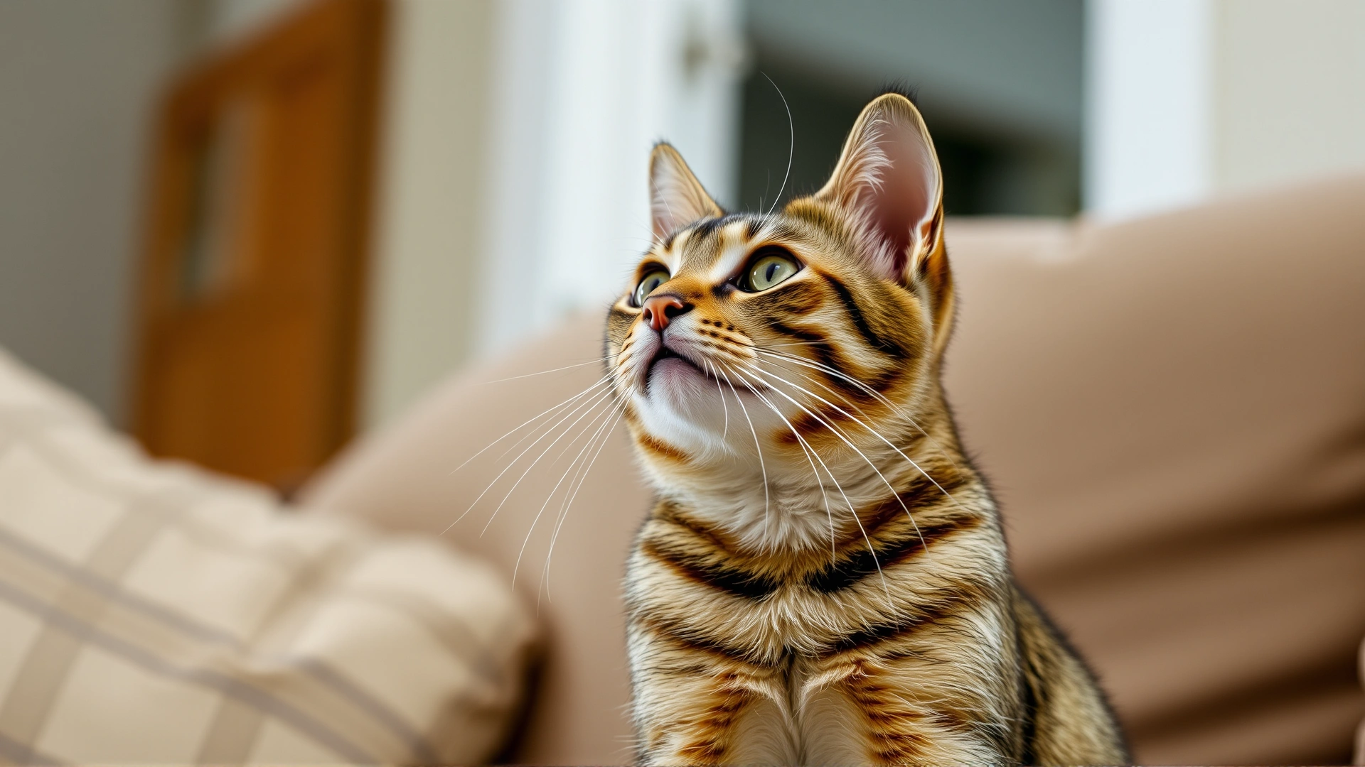 Curious short-haired tabby cat sitting on a couch and looking upward, natural indoor lighting, illustrating attentive behavior.