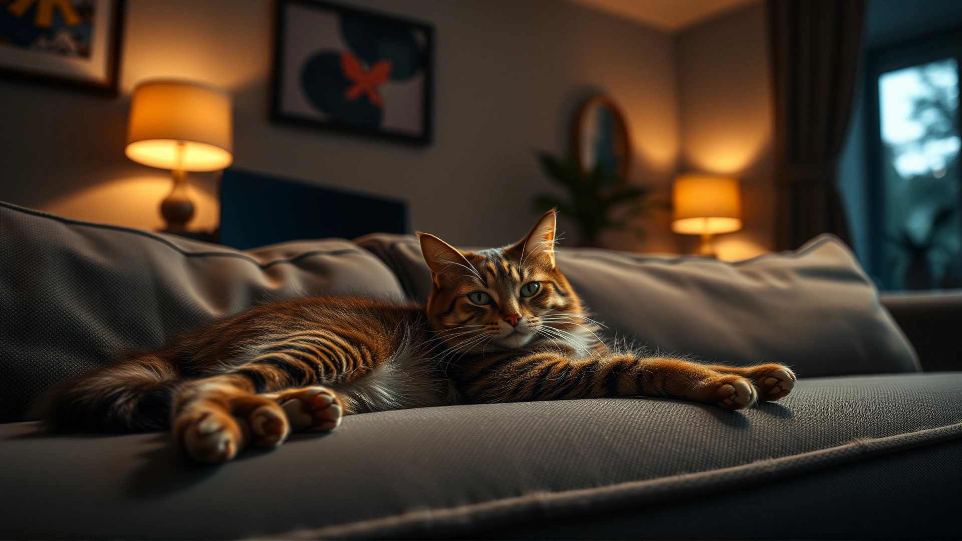 Cat lounging comfortably on a sofa in a dimly lit living room with soft warm lighting, relaxed atmosphere, no text