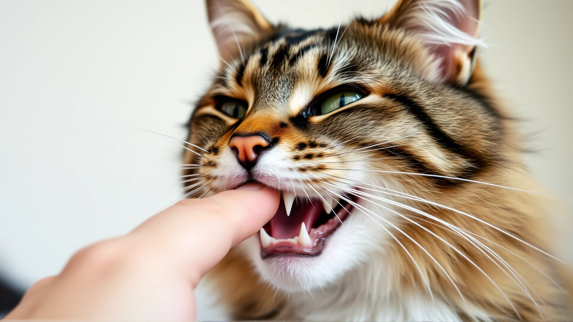 Soft focus shot of a friendly tabby cat gently nibbling its owner's finger, both appear relaxed and happy, indoor natural light.