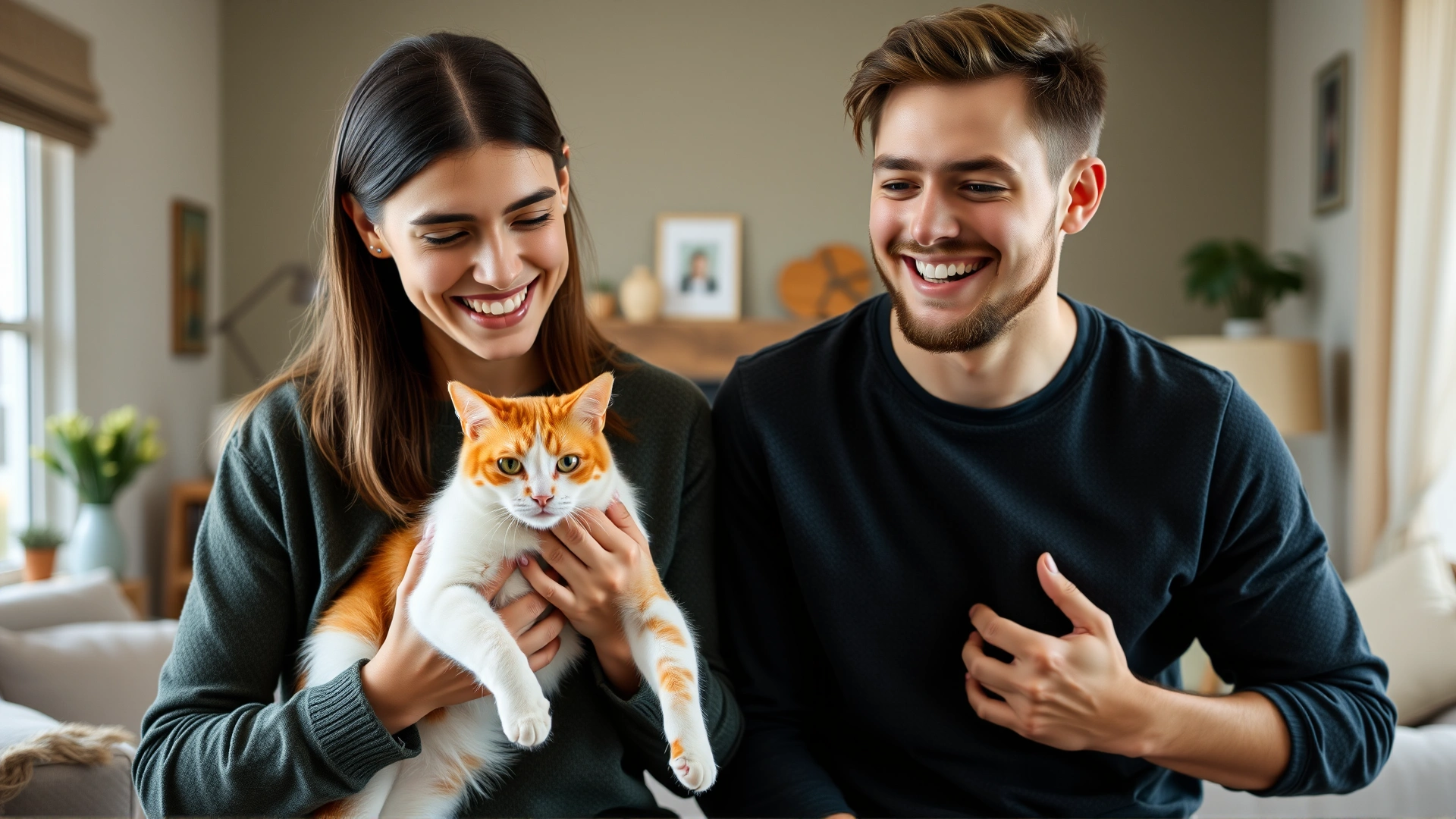 Smiling young couple gently holding an orange-and-white adult cat in a cozy living room, showcasing the joy of adopting FeLV cats