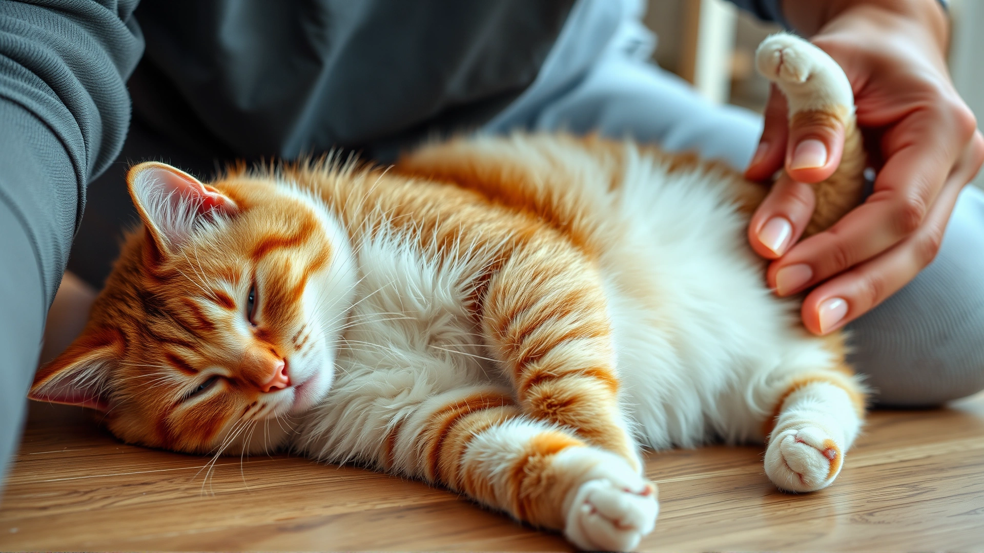 Domestic cat lying on its side at home while its owner gently feels along the cat's leg for any abnormal masses.