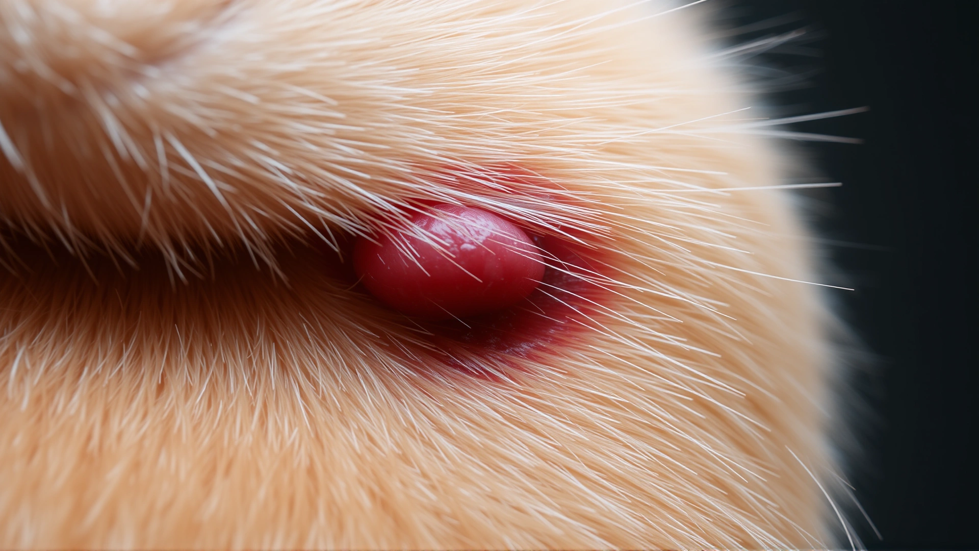 Macro shot of a cat's skin lump with slight redness around it, fur parted to expose nodule, neutral background.