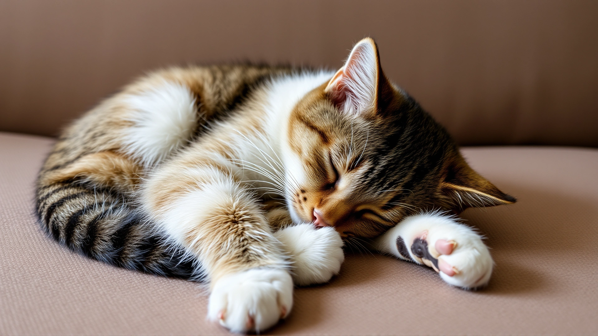 A domestic short-haired cat lying curled up on a couch, eyes half-closed, looking listless; horizontal composition, natural light.