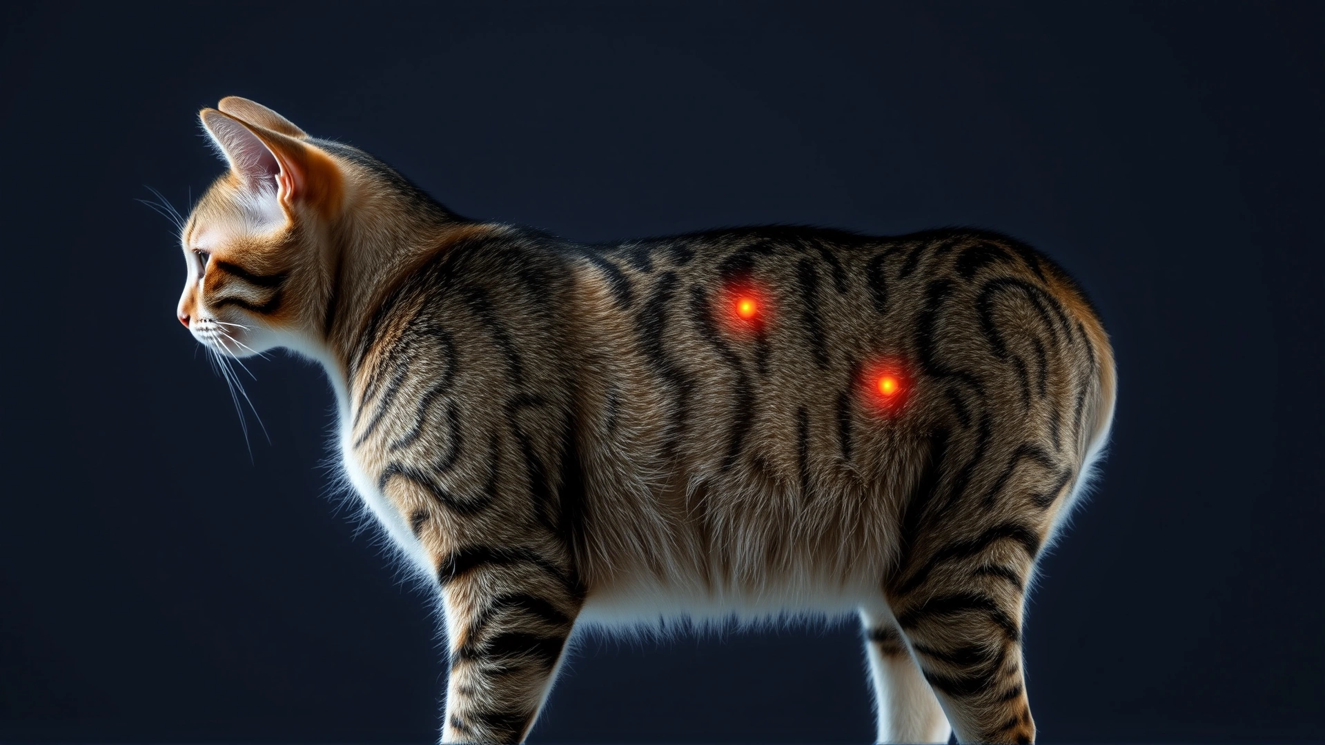 Side-profile photo of a domestic tabby cat standing with a subtle colored glow around common external lymph node areas (neck and hind leg); no text or labels.