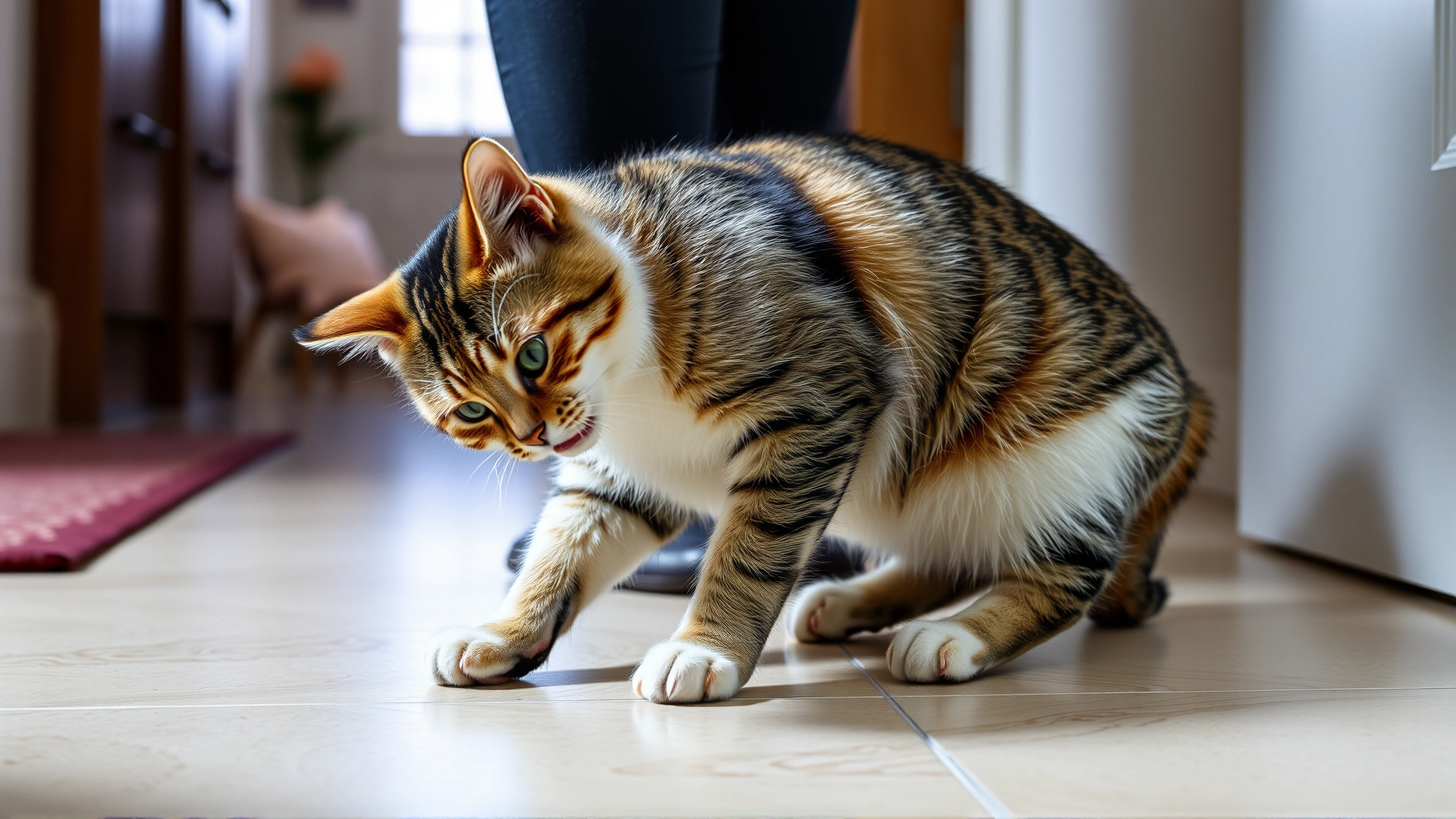 Cat rubbing its body against a person's leg in a home hallway to mark with scent