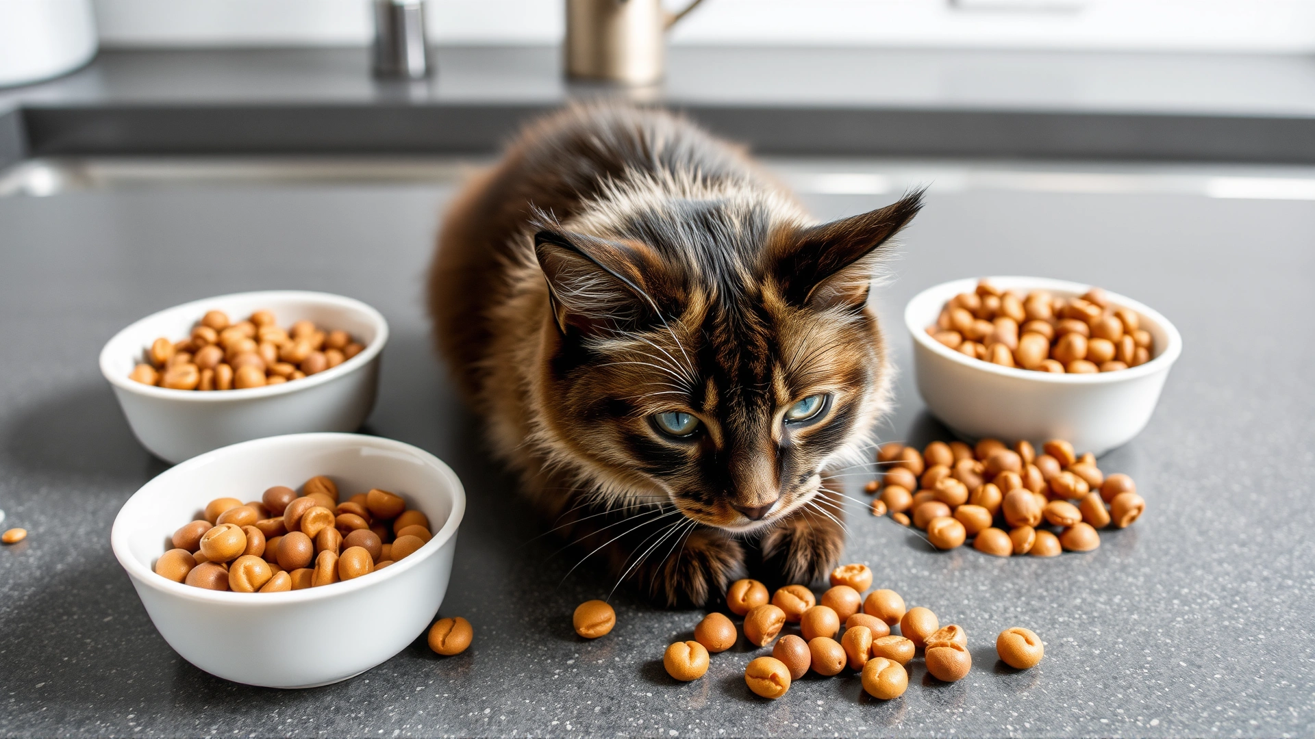 Several small bowls of balanced cat food arranged on a countertop, symbolizing frequent small meals plan