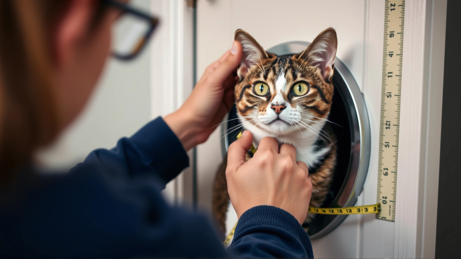 Close-up of a person gently measuring a tabby cat's height with a soft measuring tape next to a door, preparing to install a cat door