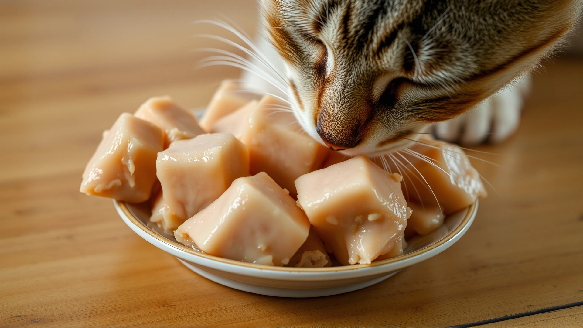 Close-up of a cat sniffing bite-sized pieces of boiled chicken on a small plate, wooden table surface.